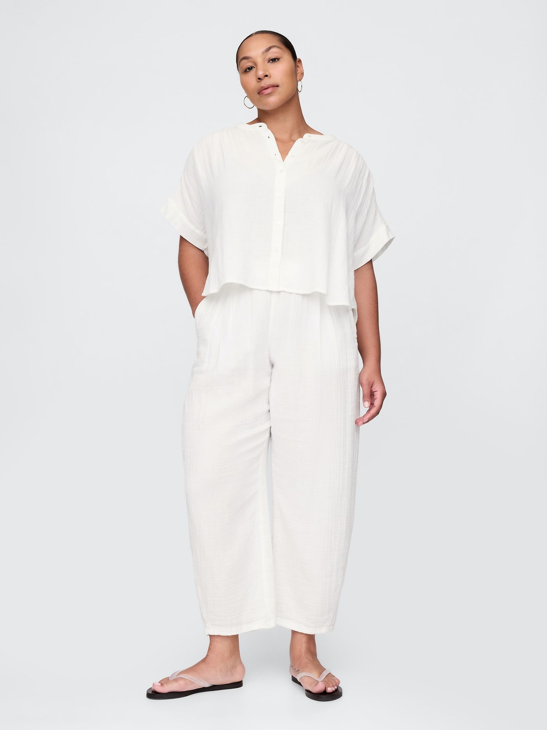 White 100% Cotton Crinkle Gauze Easy Barrel Trousers - Image 5 of 8