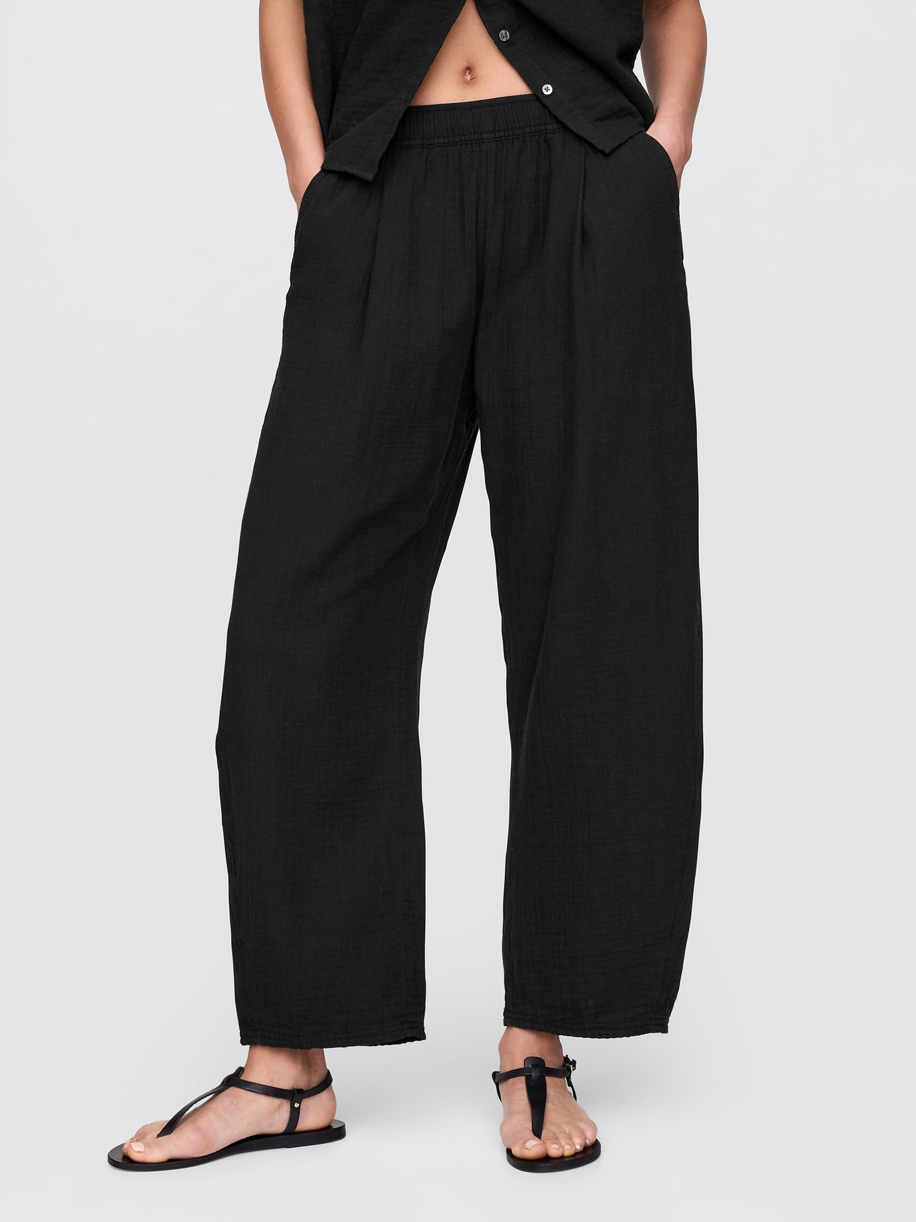 Black 100% Cotton Crinkle Gauze Easy Barrel Trousers - Image 2 of 5