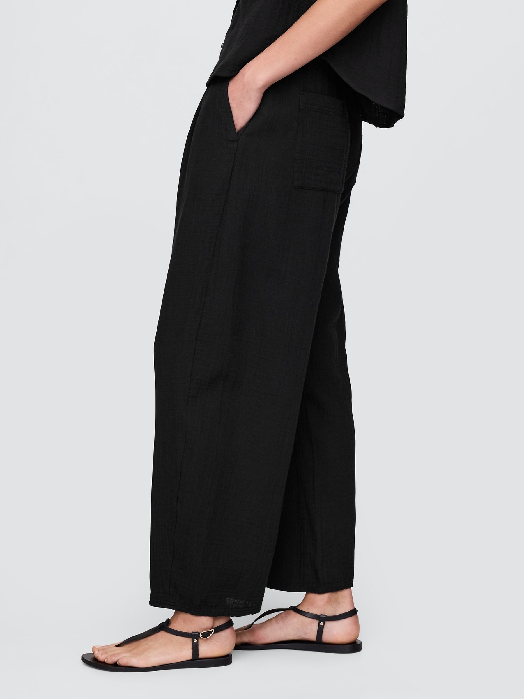 Black 100% Cotton Crinkle Gauze Easy Barrel Trousers - Image 4 of 5