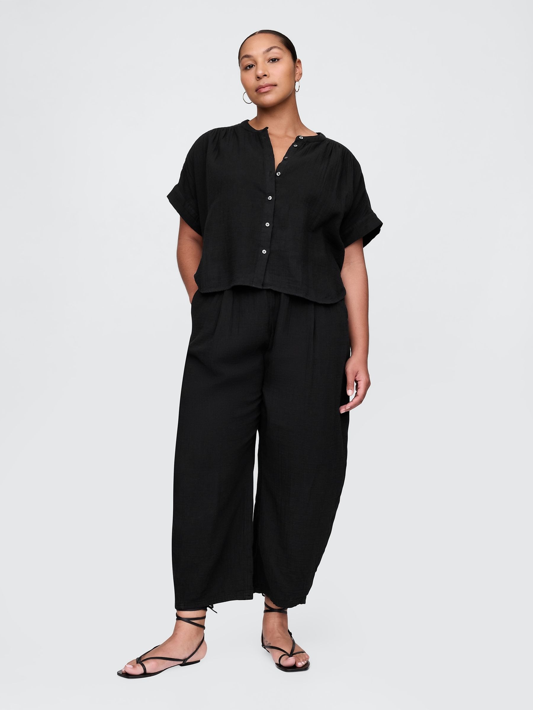 Black 100% Cotton Crinkle Gauze Easy Barrel Trousers - Image 5 of 5