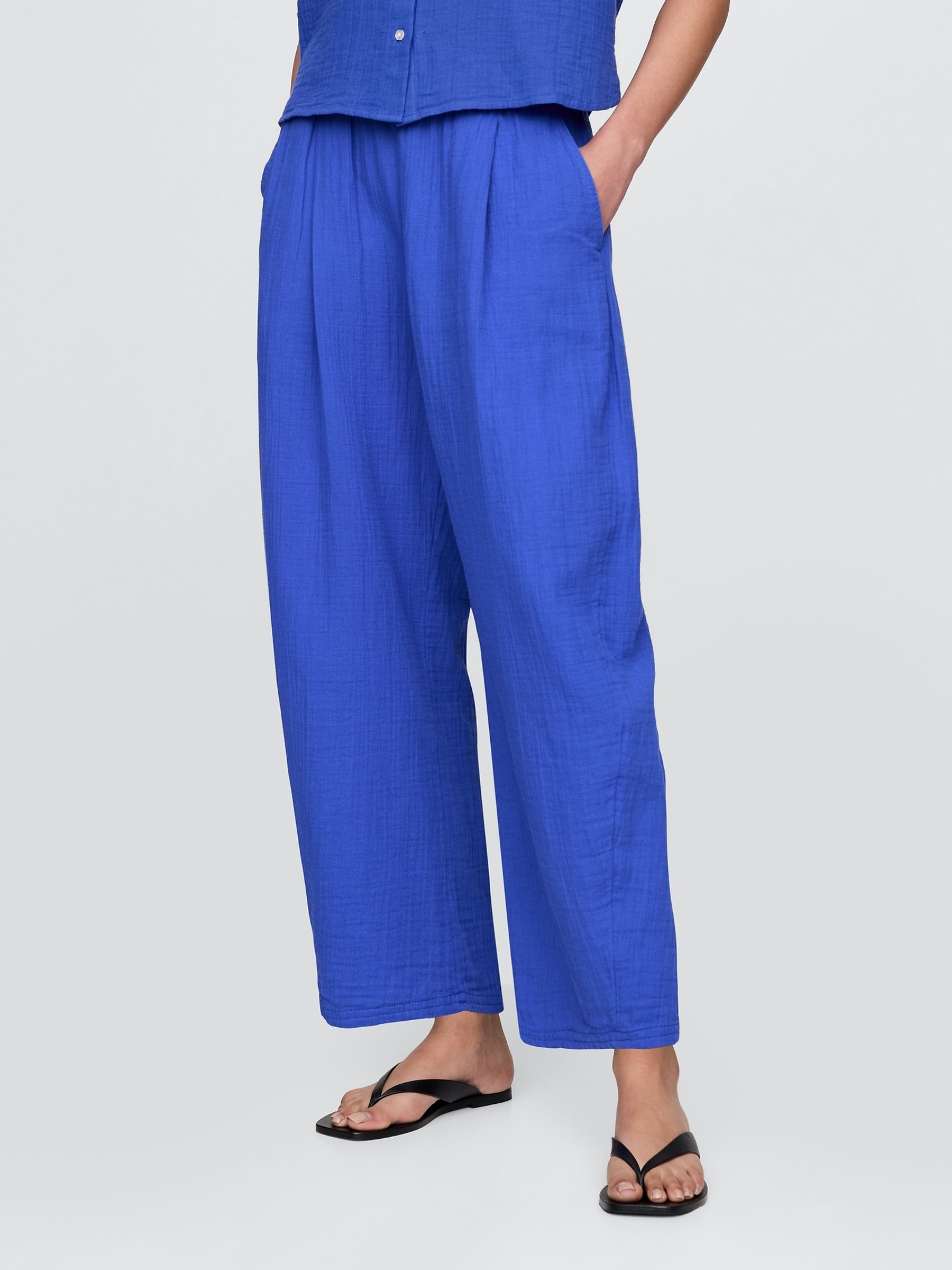 Blue 100% Cotton Crinkle Gauze Easy Barrel Trousers - Image 2 of 11