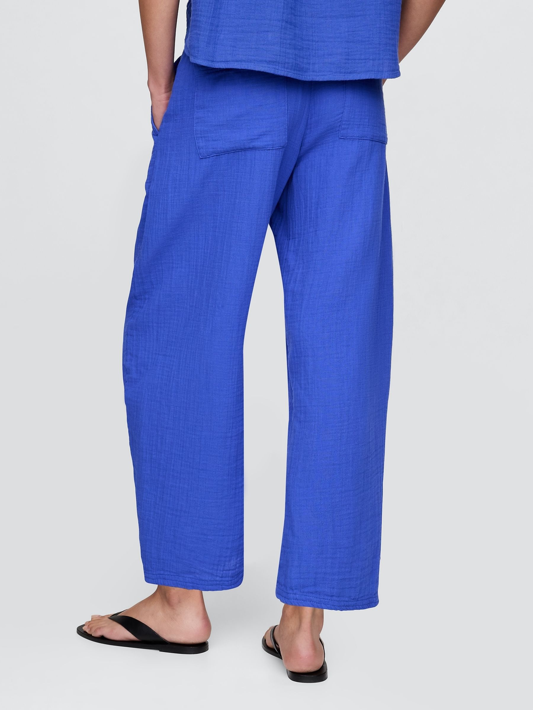 Blue 100% Cotton Crinkle Gauze Easy Barrel Trousers - Image 3 of 11