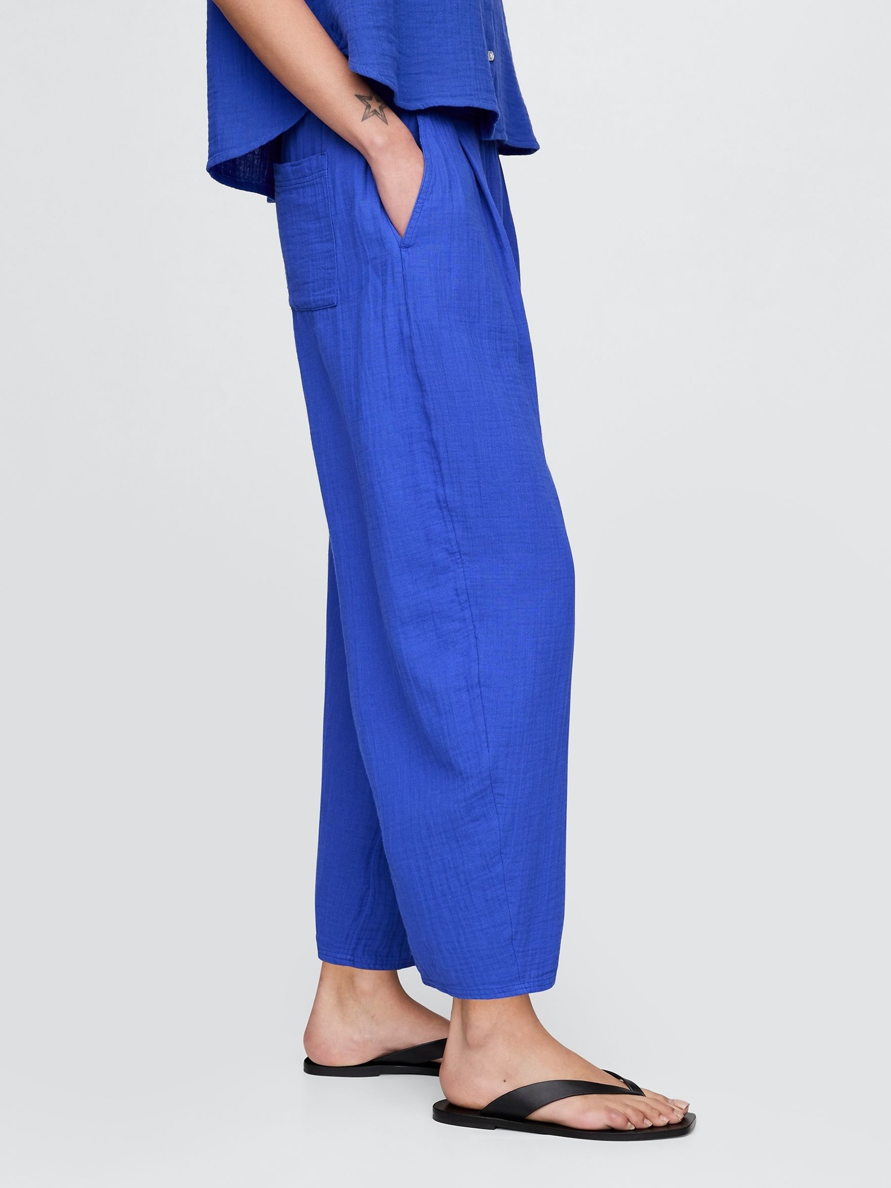 Blue 100% Cotton Crinkle Gauze Easy Barrel Trousers - Image 4 of 11