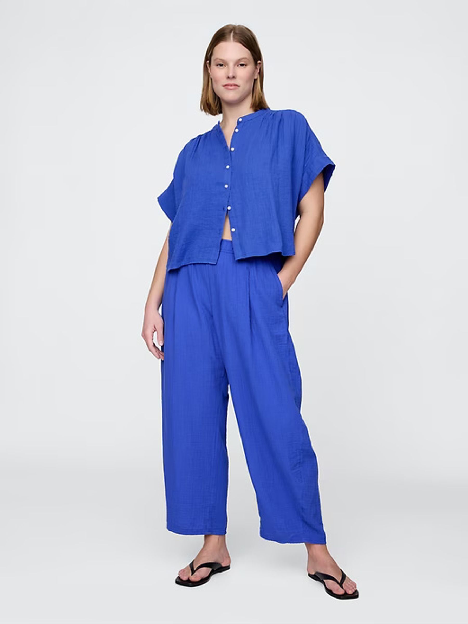 Blue 100% Cotton Crinkle Gauze Easy Barrel Trousers - Image 5 of 11