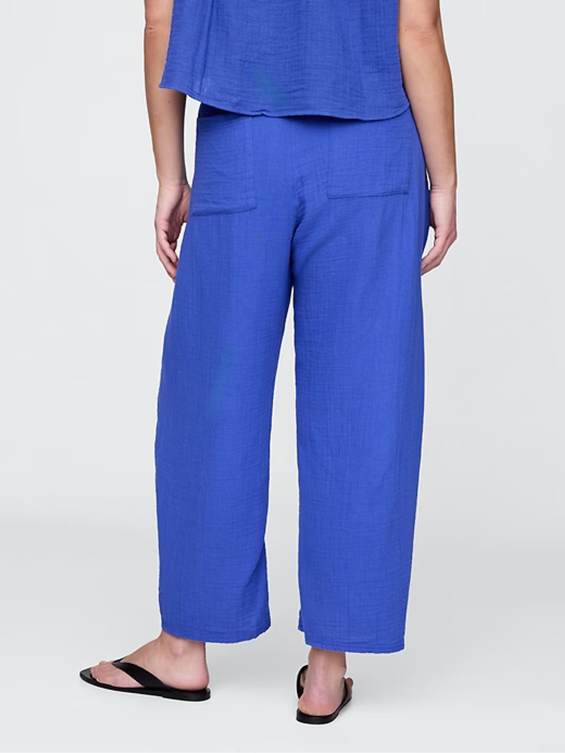 Blue 100% Cotton Crinkle Gauze Easy Barrel Trousers - Image 6 of 11