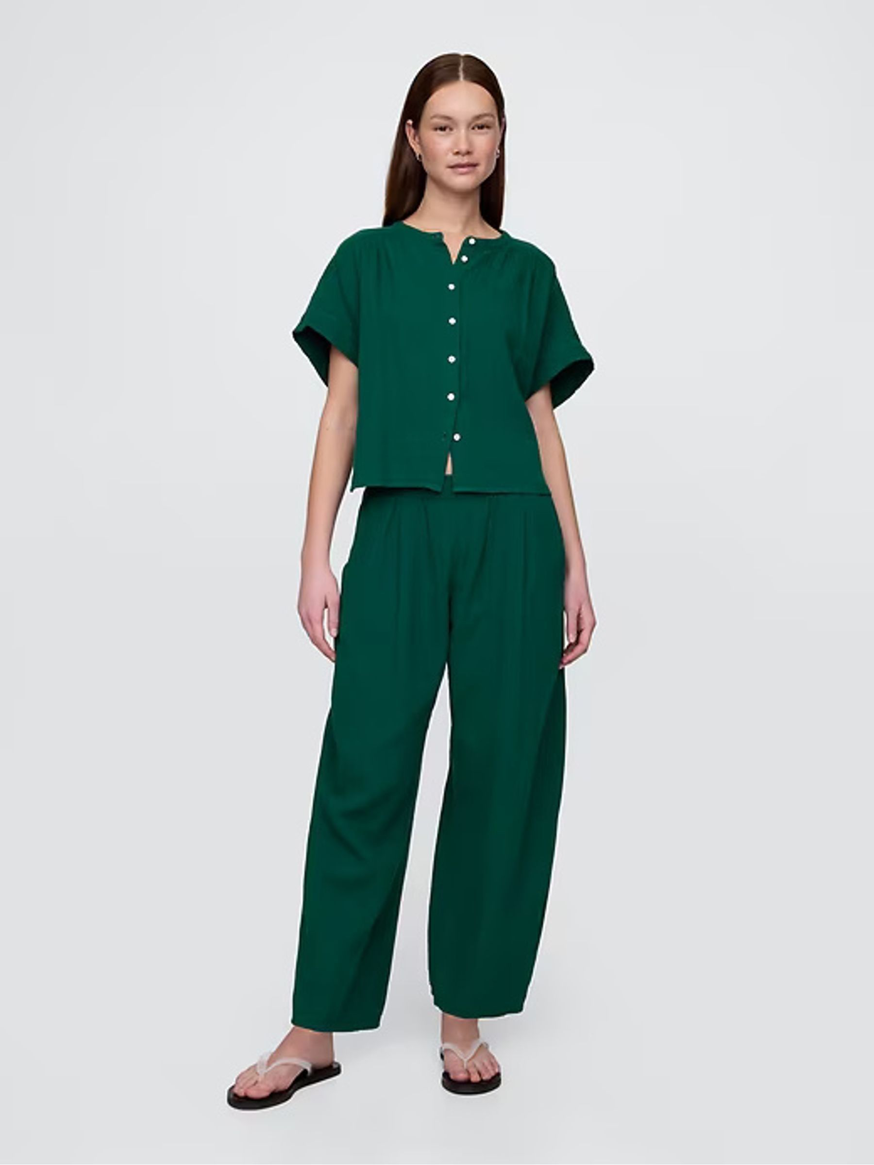Green 100% Cotton Crinkle Gauze Easy Barrel Trousers - Image 1 of 12
