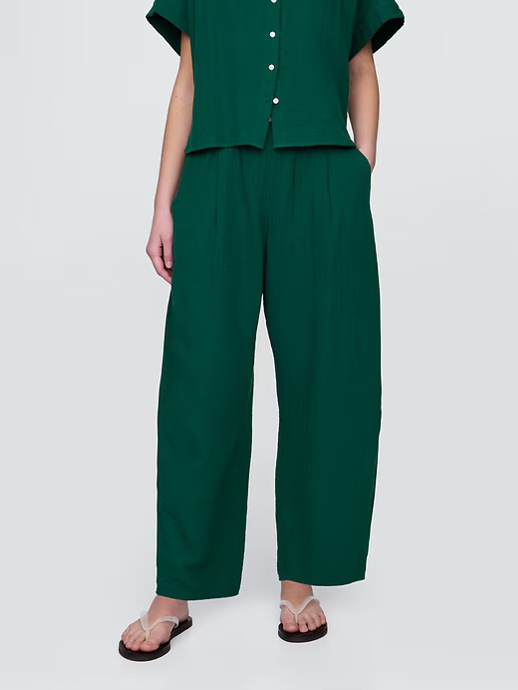 Green 100% Cotton Crinkle Gauze Easy Barrel Trousers - Image 2 of 12