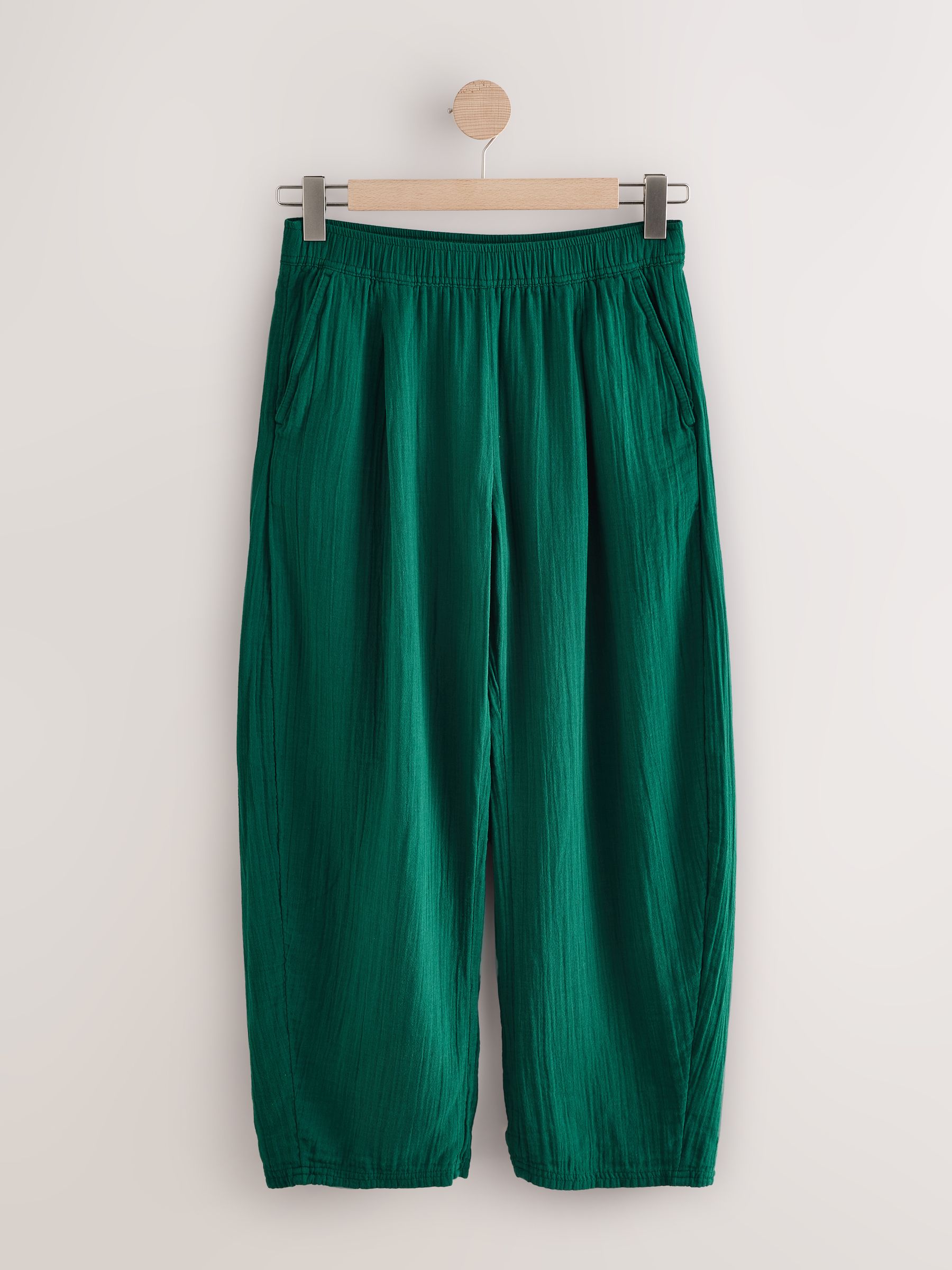 Green 100% Cotton Crinkle Gauze Easy Barrel Trousers - Image 1 of 4