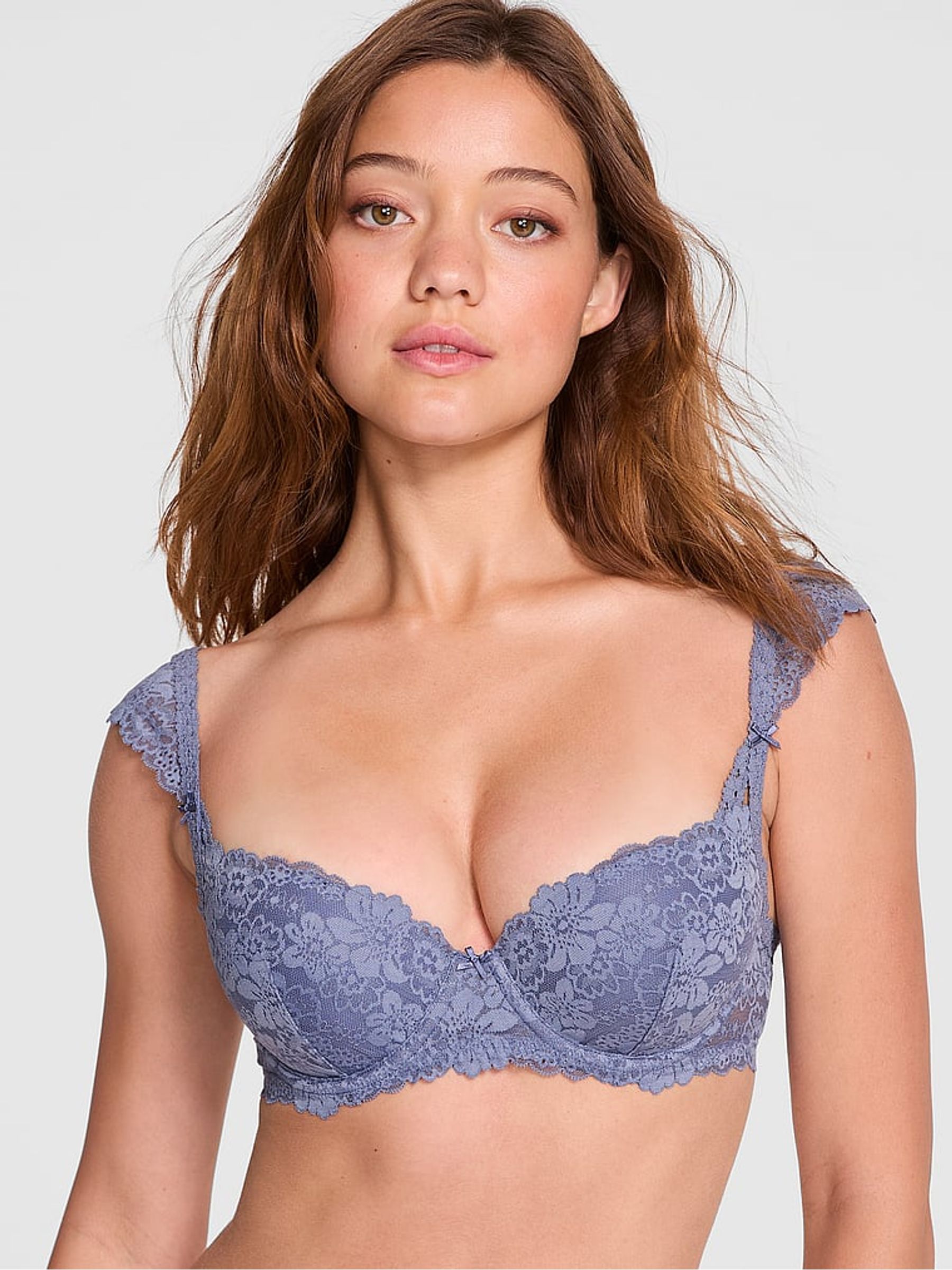 Dusty Iris Blue Push Up Lace Flutter Sleeve Bra - Image 1 of 3