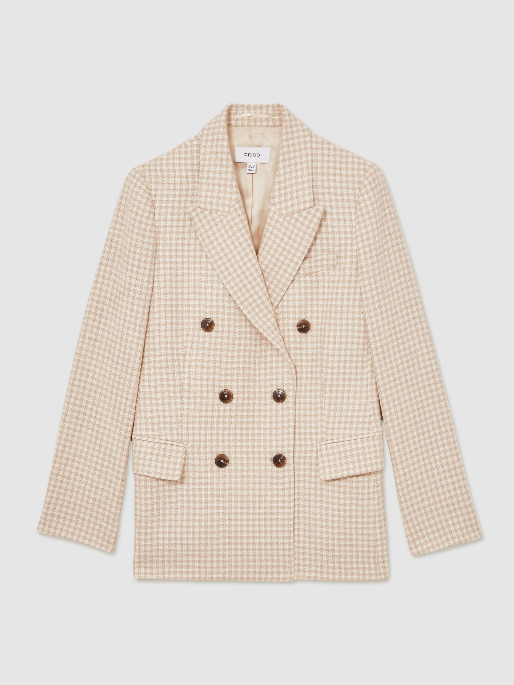 Petite Double Breasted Check Blazer With Wool in Neutral Check - Image 2 of 7