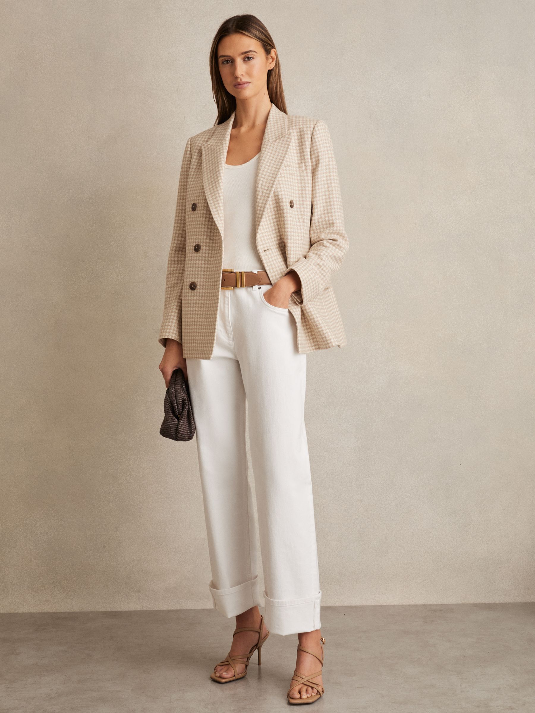 Petite Double Breasted Check Blazer With Wool in Neutral Check - Image 3 of 7