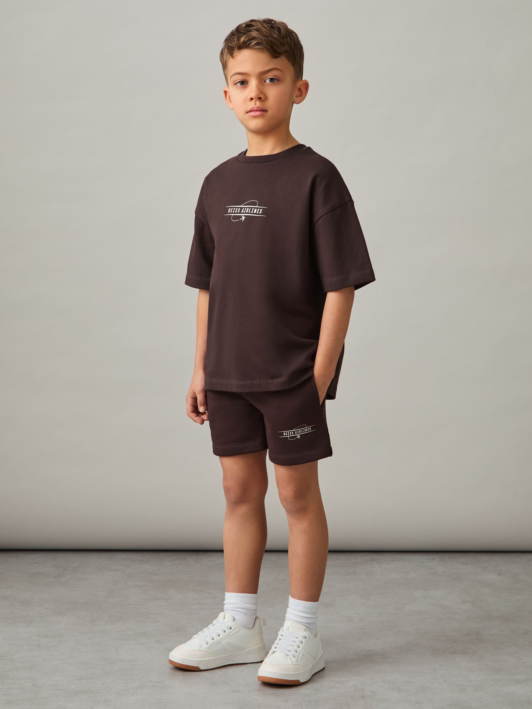 Cotton-Blend Airlines-Print Shorts in Chocolate Brown/Off White - Image 3 of 4
