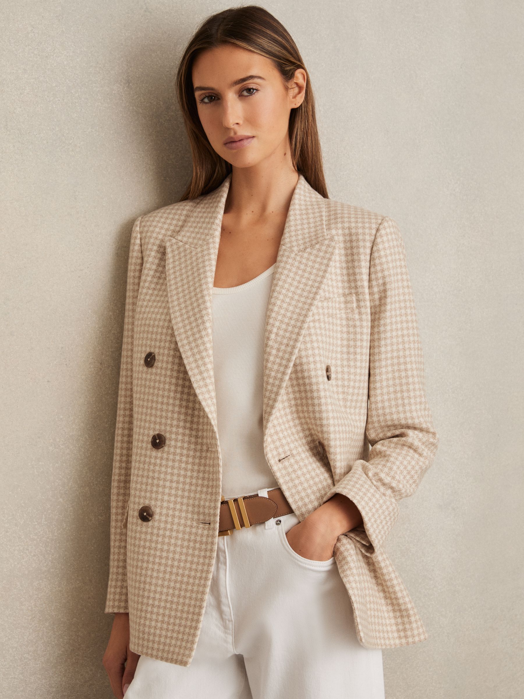 Double Breasted Check Blazer With Wool in Neutral Check - Image 1 of 6