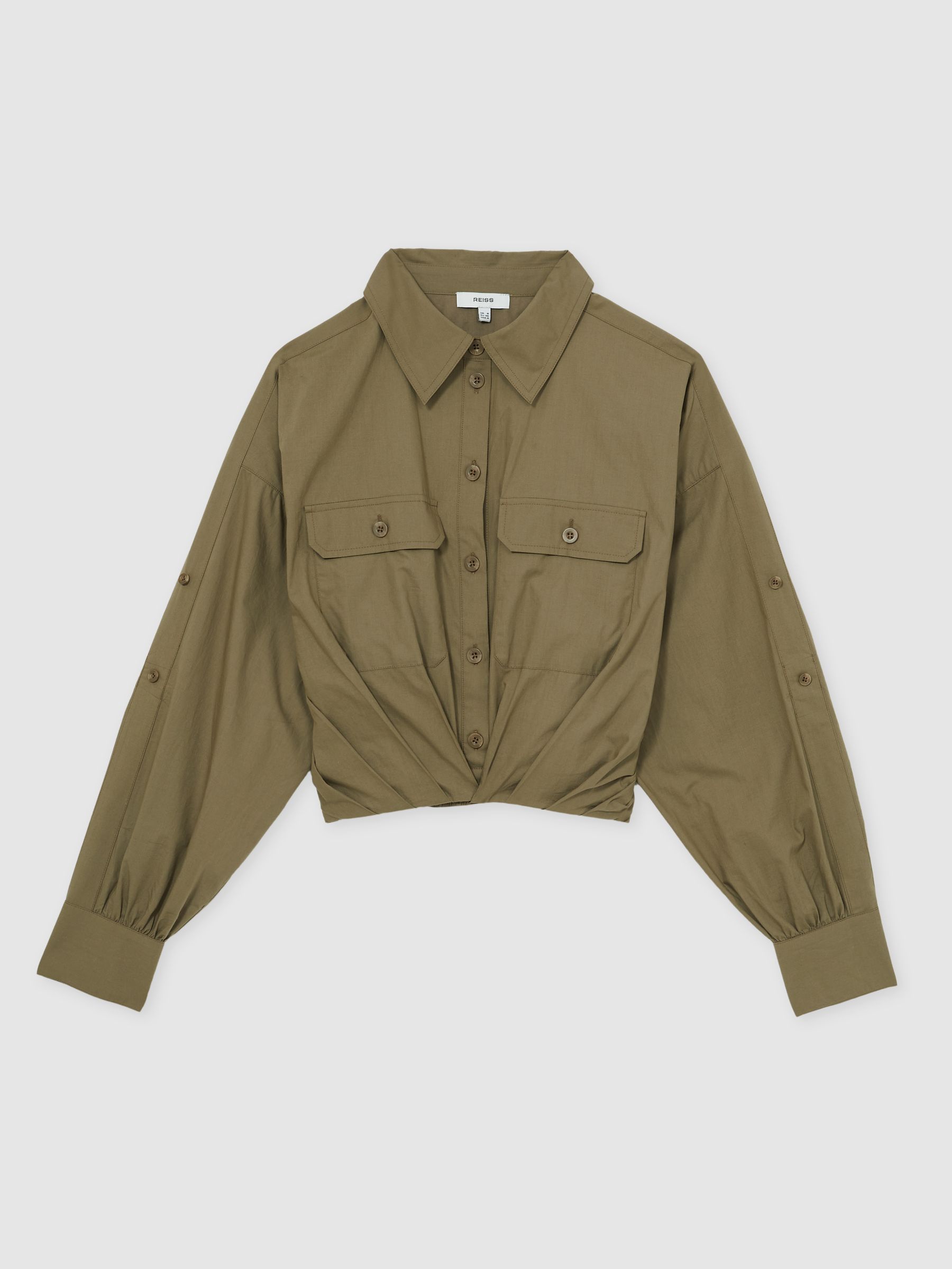 Pleat-Hem Cropped Shirt in Khaki - Image 2 of 5