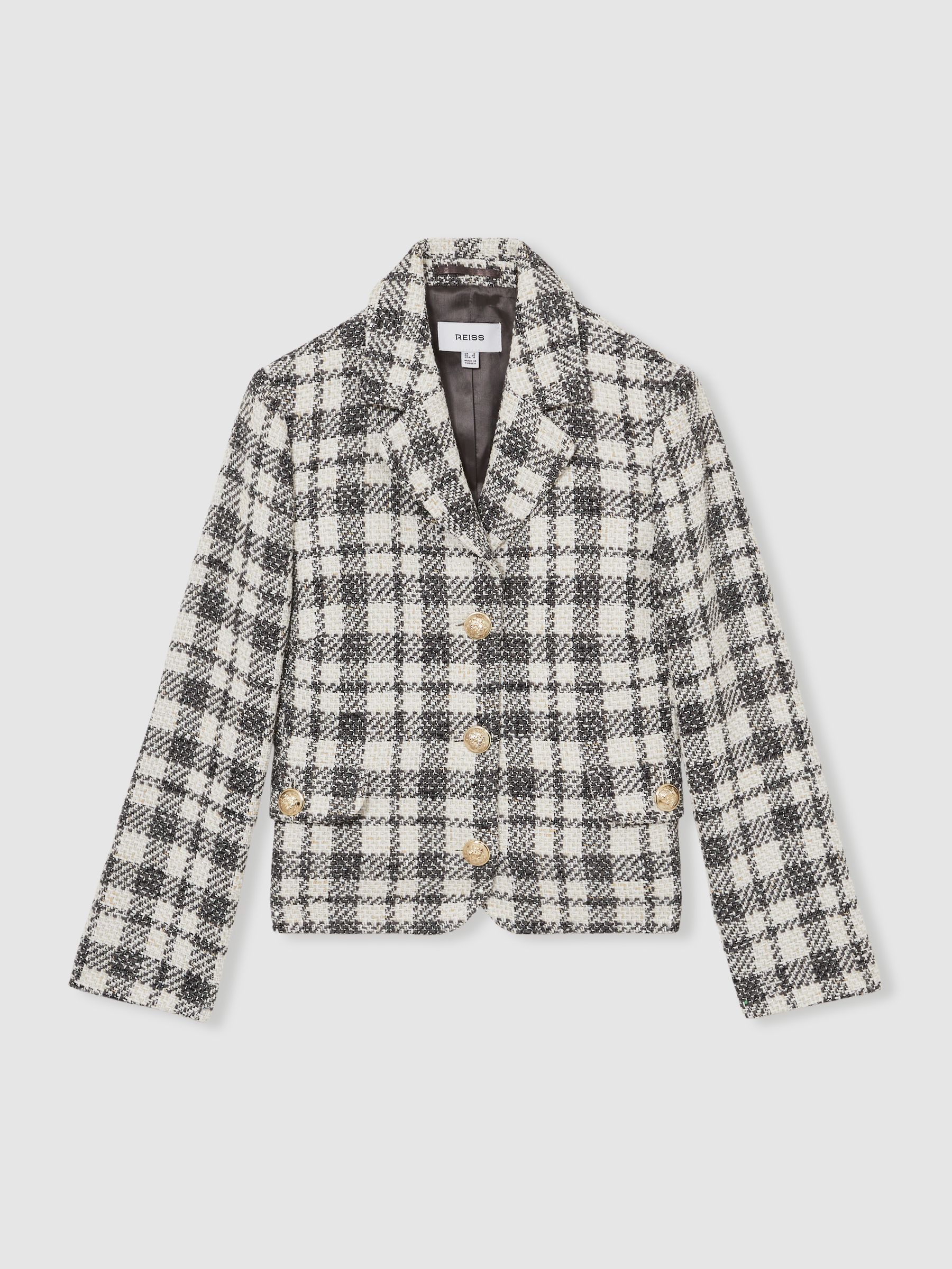 Cotton Blend Check Cropped Jacket in Grey Check - Image 2 of 6