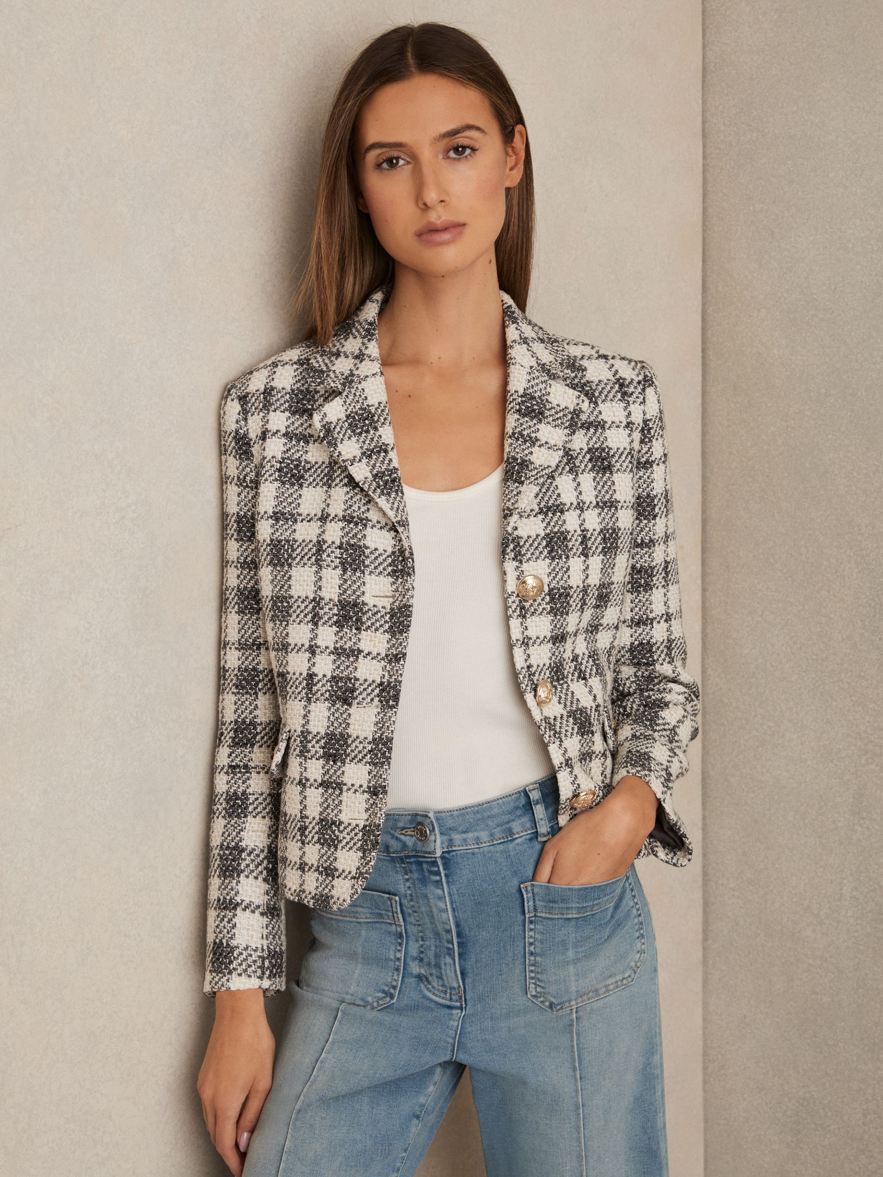 Cotton Blend Check Cropped Jacket in Grey Check - Image 3 of 6