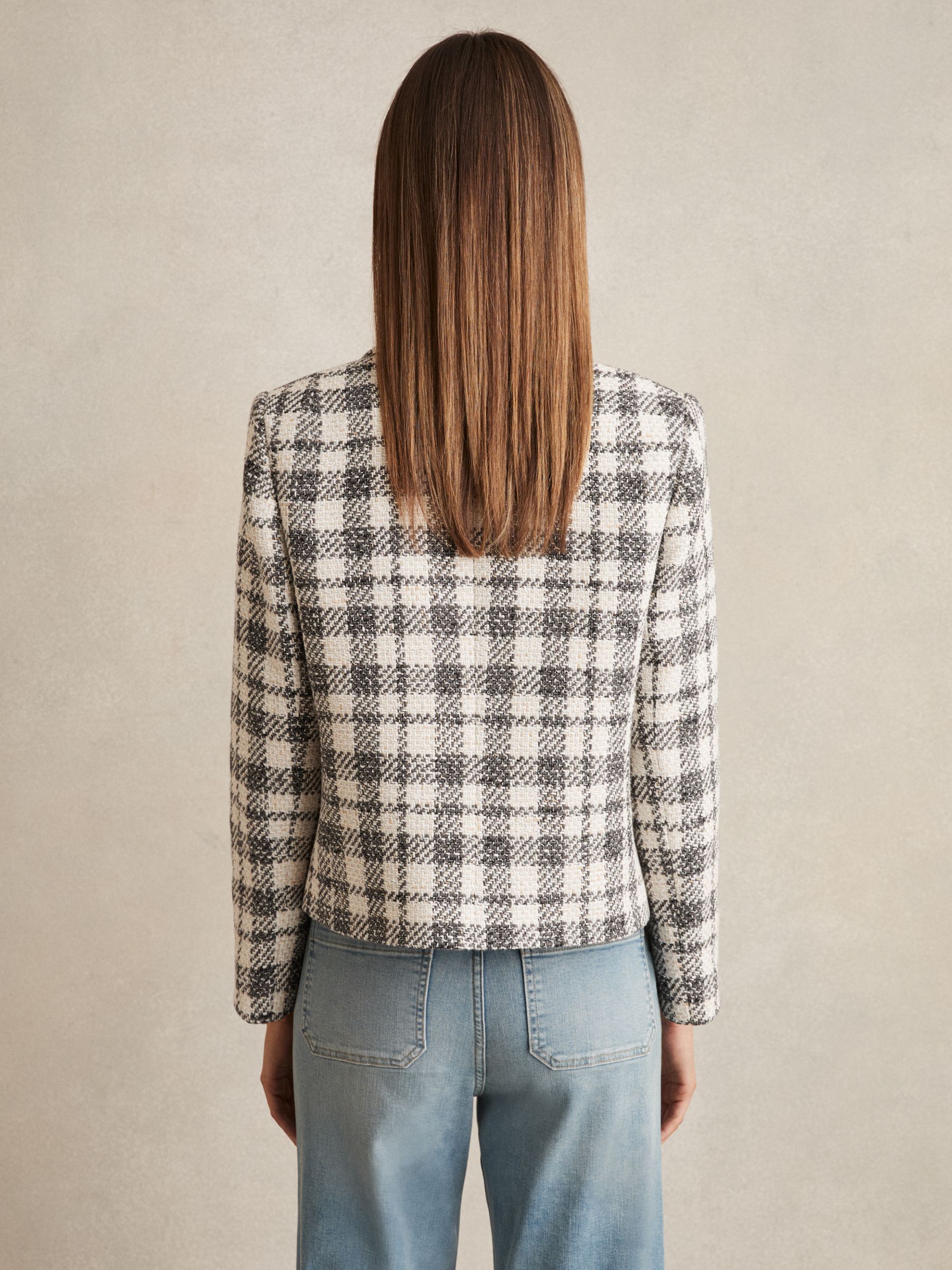 Cotton Blend Check Cropped Jacket in Grey Check - Image 5 of 6