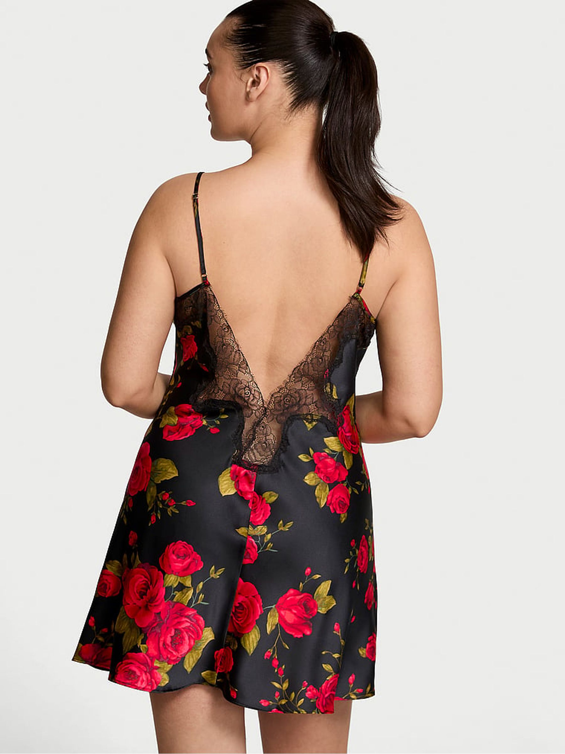 Black Glamorous Rose Satin Lace Trim Slip Dress - Image 2 of 3