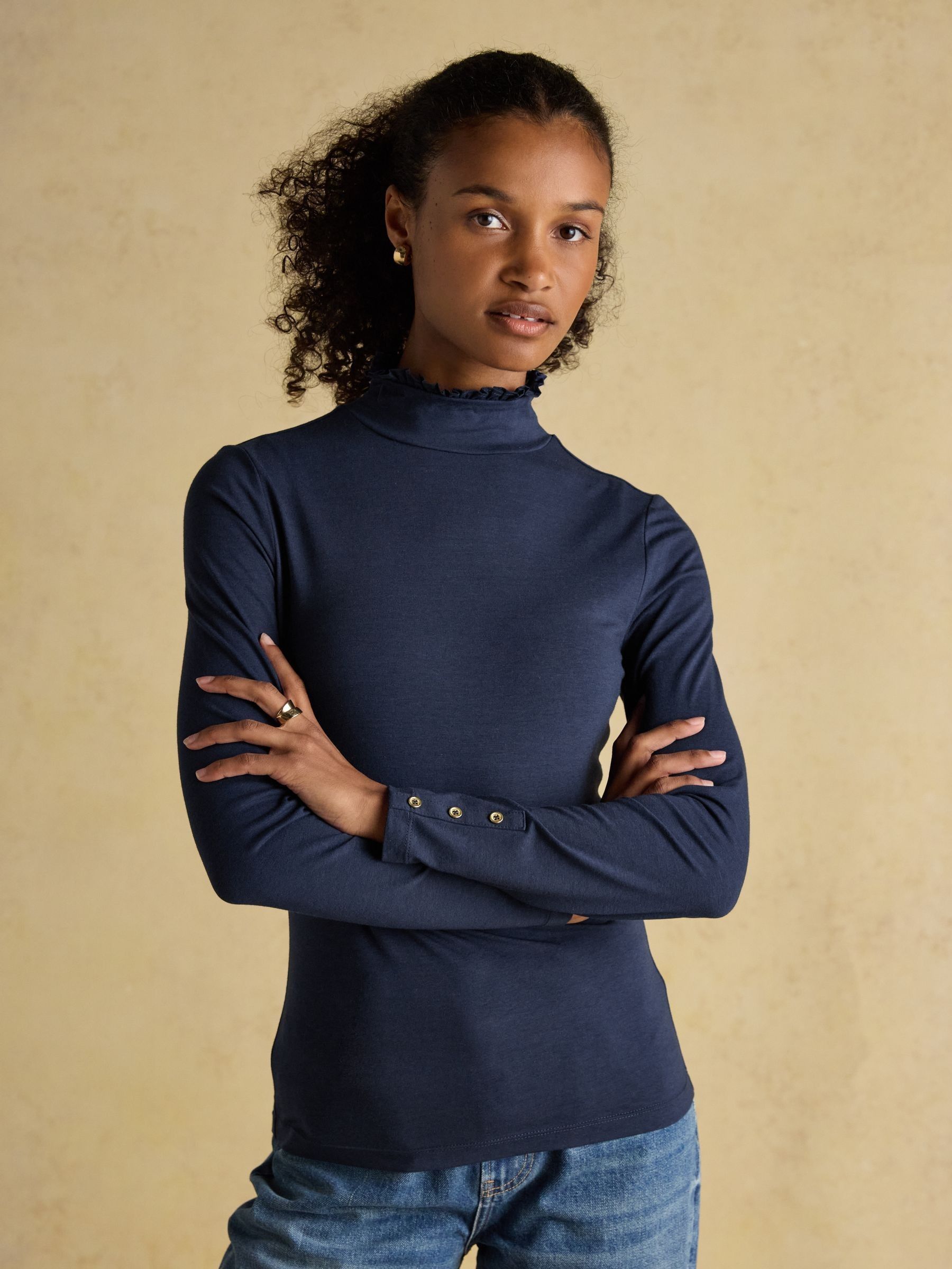 Amy Navy Long Sleeve High Frill Neck Jersey Top | Joules