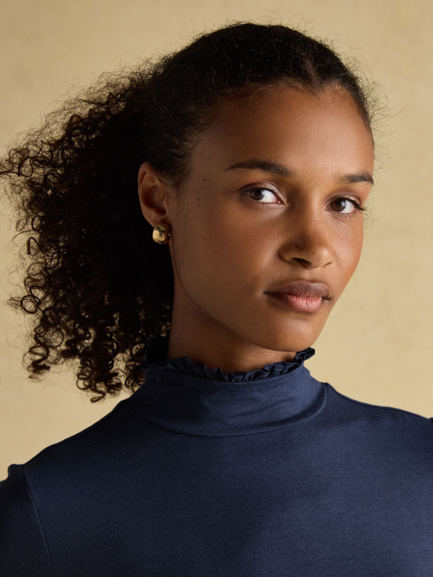 Amy Navy Long Sleeve High Frill Neck Jersey Top - Image 3 of 8