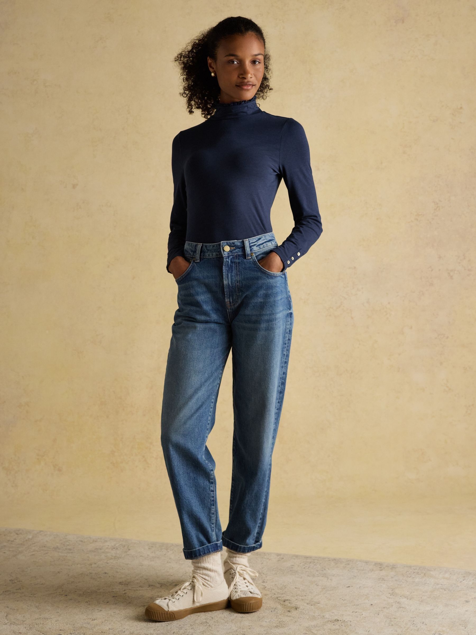 Amy Navy Long Sleeve High Frill Neck Jersey Top - Image 4 of 8