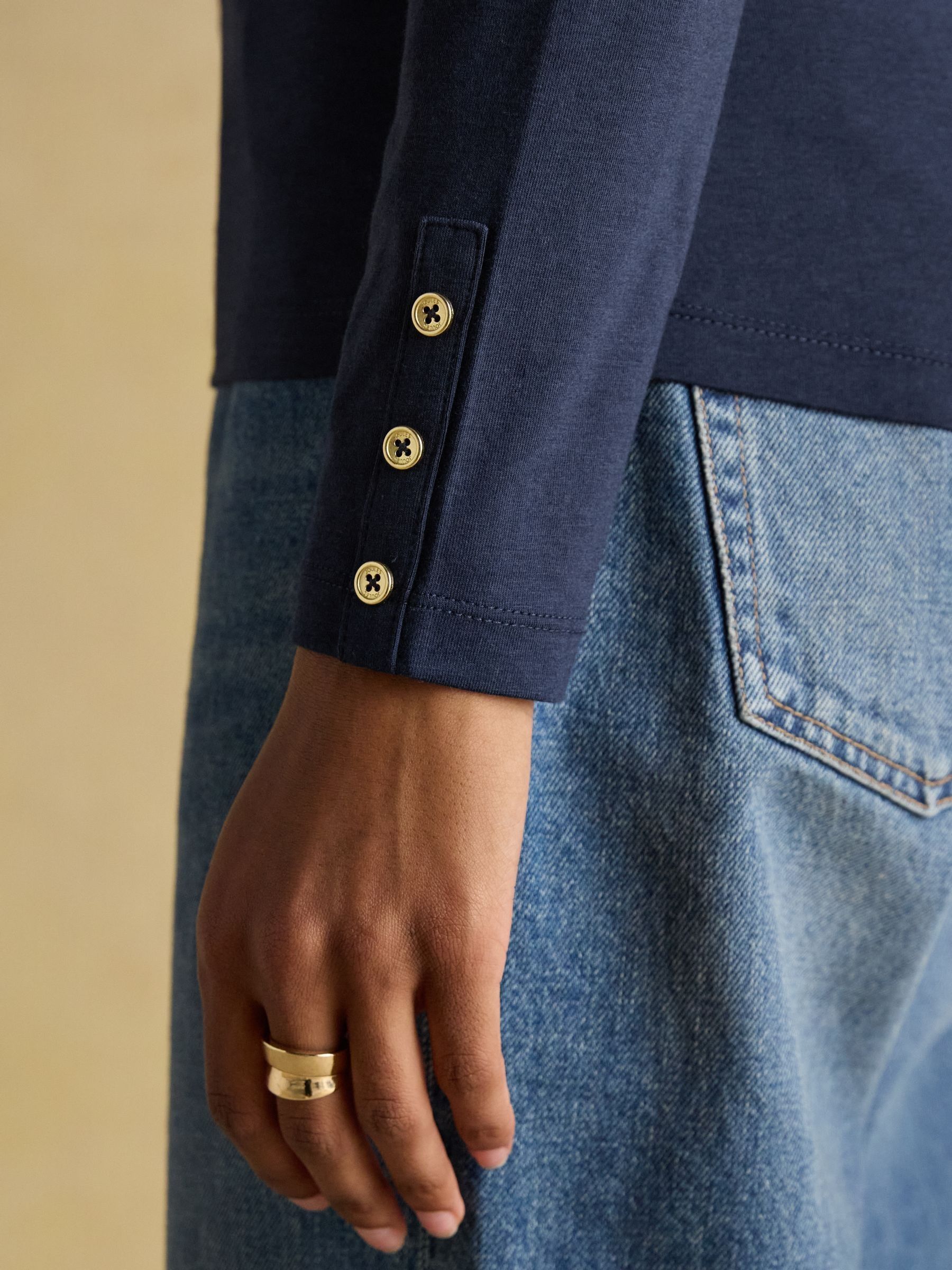 Amy Navy Long Sleeve High Frill Neck Jersey Top - Image 6 of 8