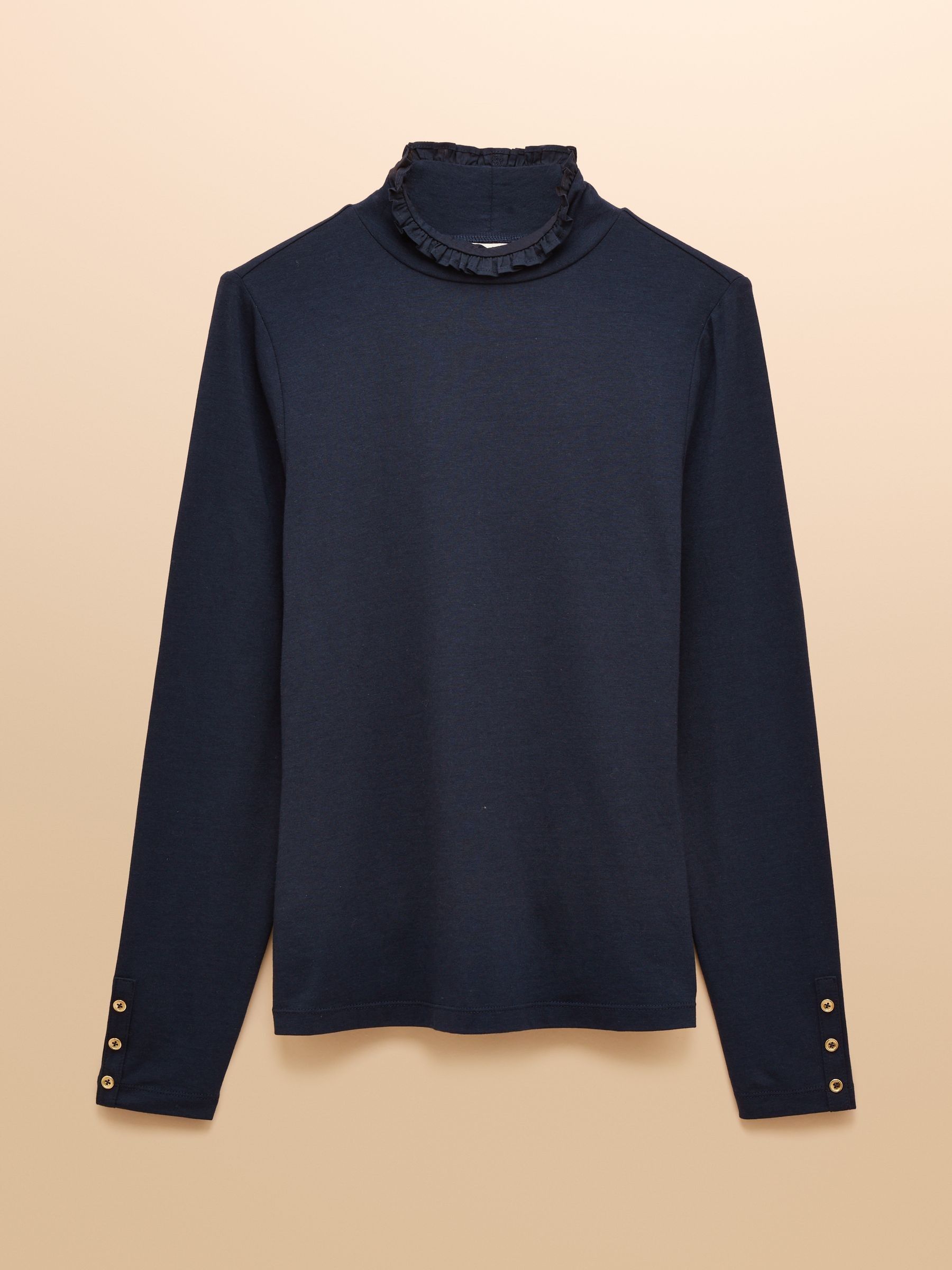 Amy Navy Long Sleeve High Frill Neck Jersey Top - Image 8 of 8