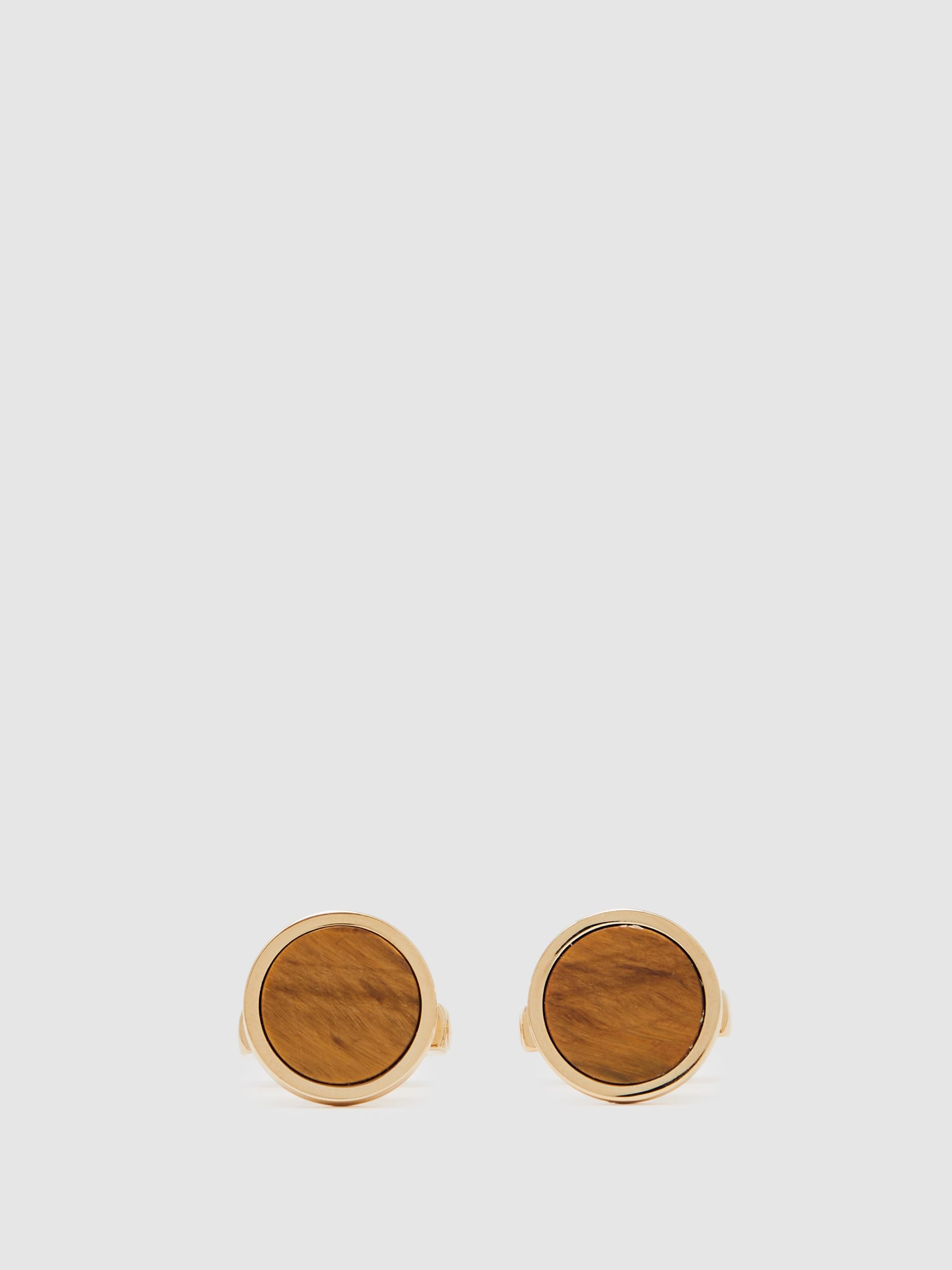 Inlaid Round Cufflinks in Gold/Tigers Eye - Image 1 of 5