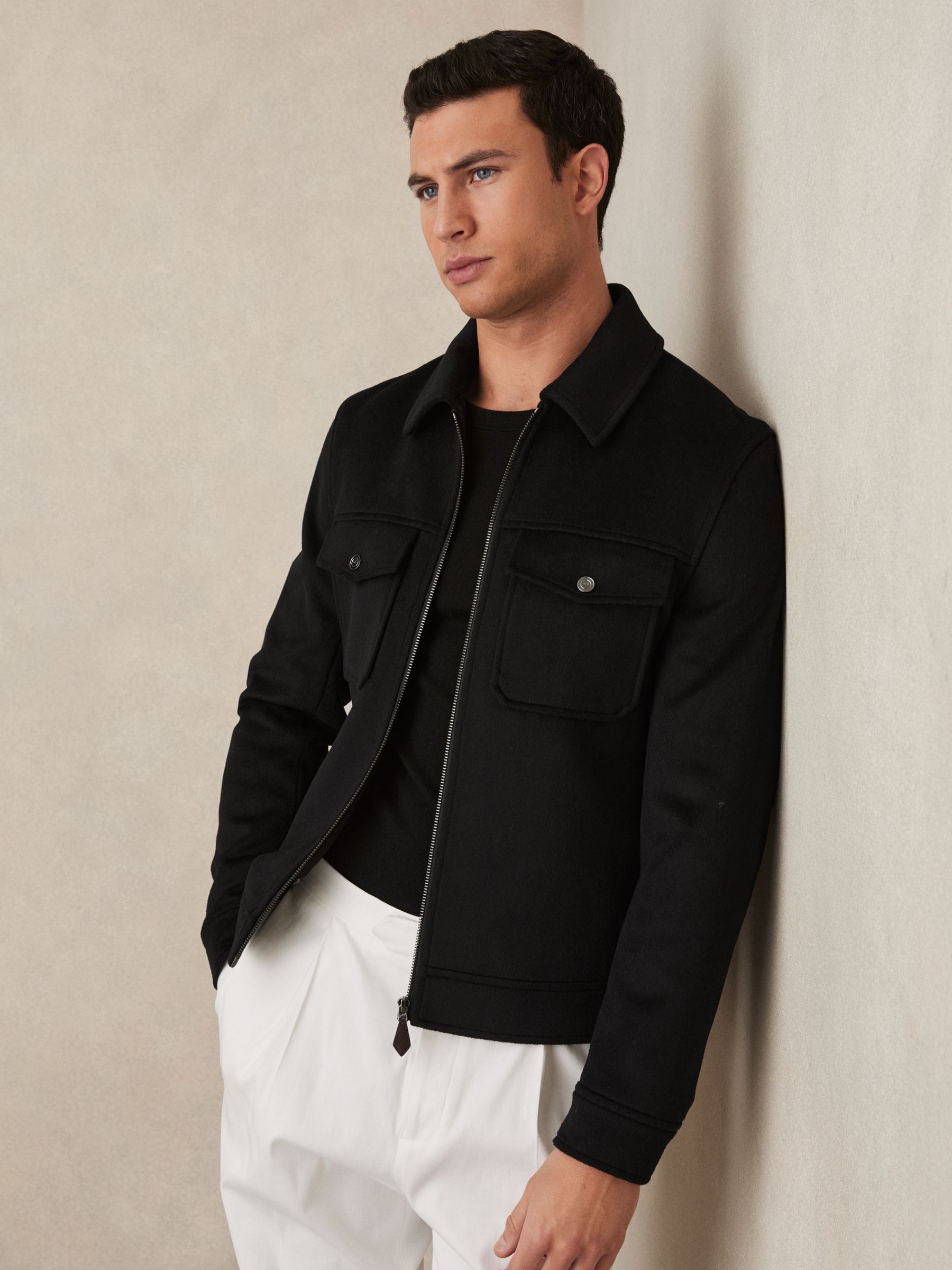 Zip-Through Trucker Jacket With Wool in Black - Image 1 of 6