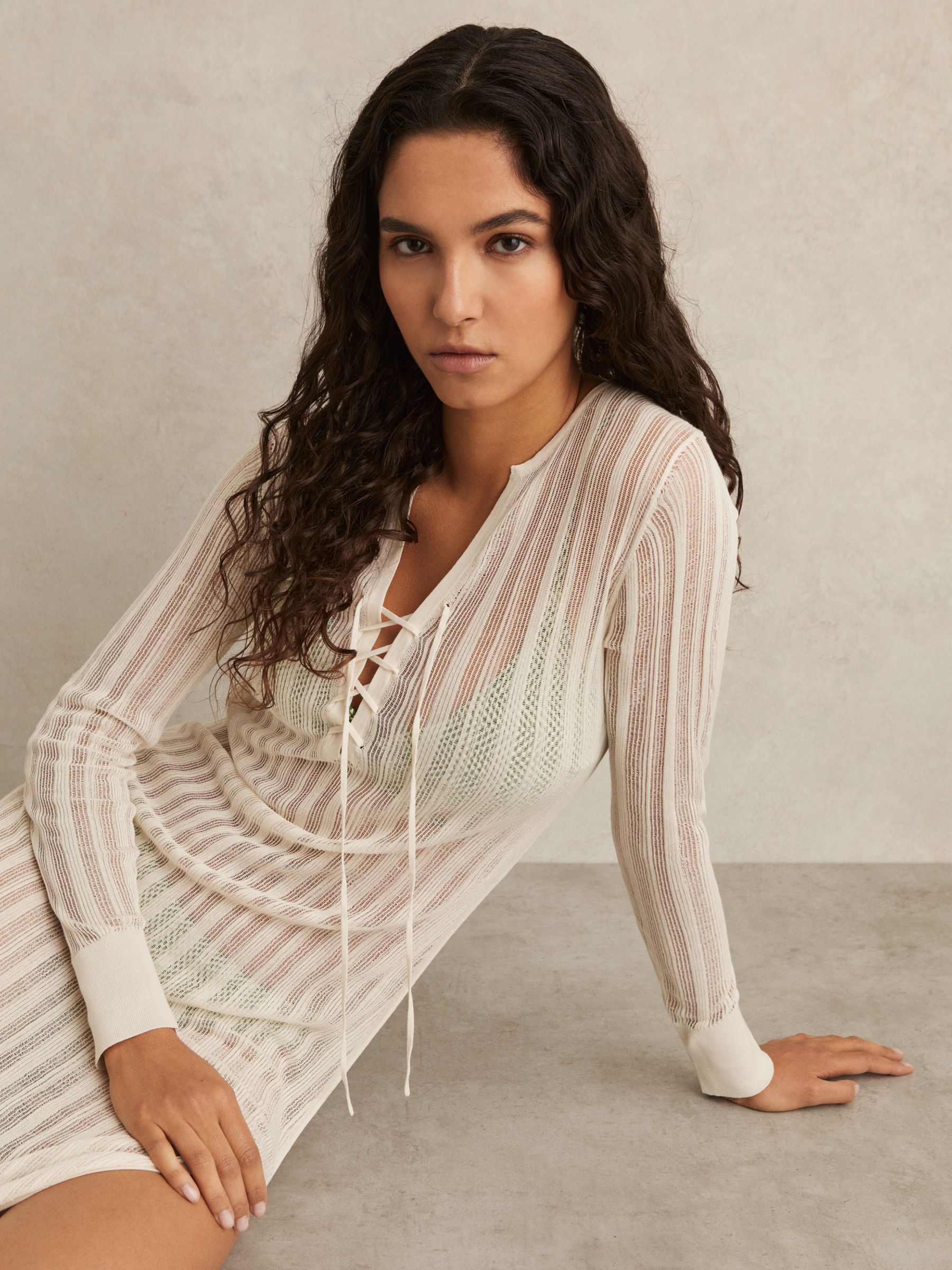 Knitted Beach Cover-Up Dress in Cream - Image 2 of 6