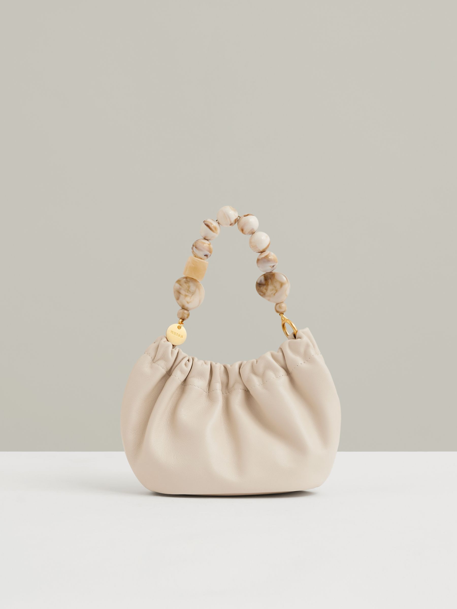 Leather Bead-Handle Pouch Bag in Off White - Image 1 of 5