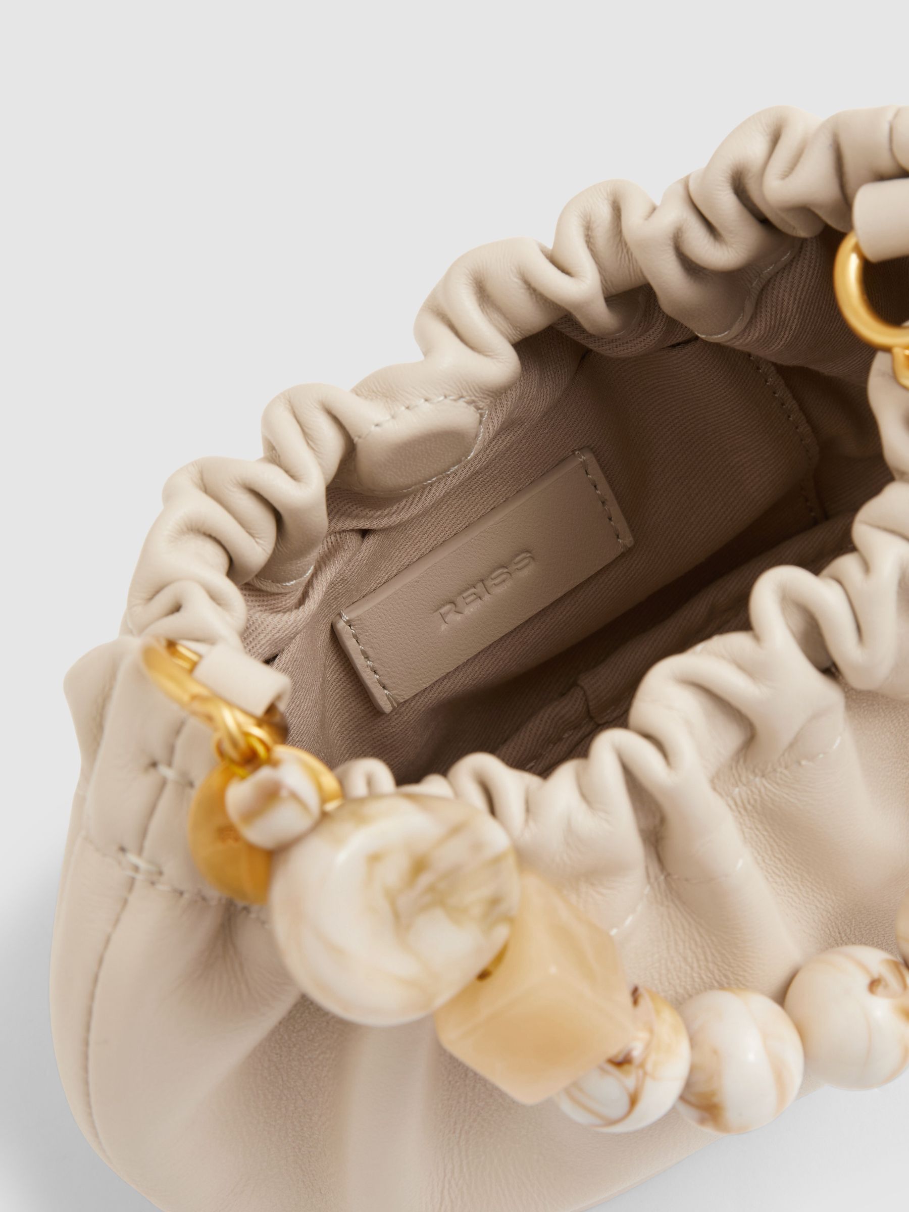 Leather Bead-Handle Pouch Bag in Off White - Image 3 of 5