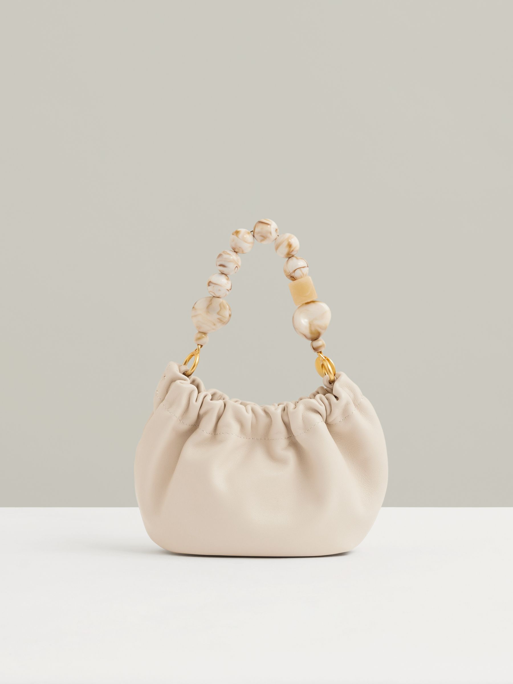 Leather Bead-Handle Pouch Bag in Off White - Image 4 of 5