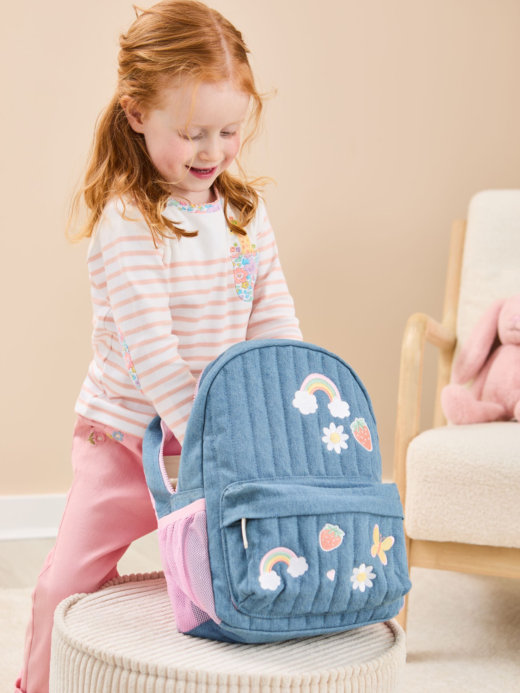 Quilted Denim Embroidered Medium Backpack | JoJo Maman Bébé USA