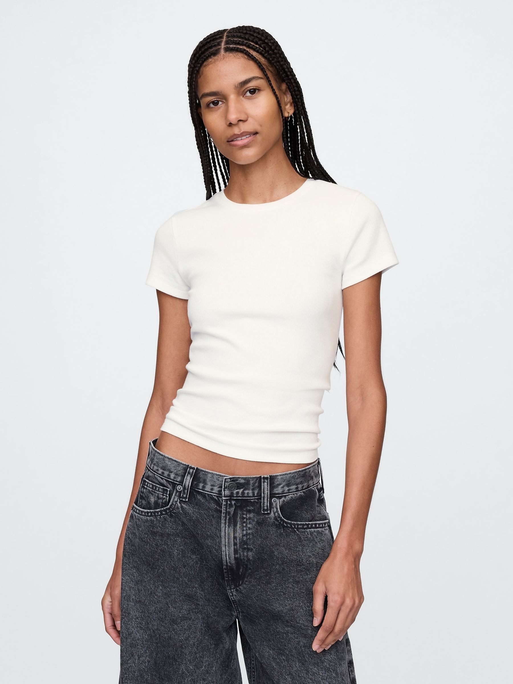 White Modern Rib Cropped T-Shirt - Image 1 of 4