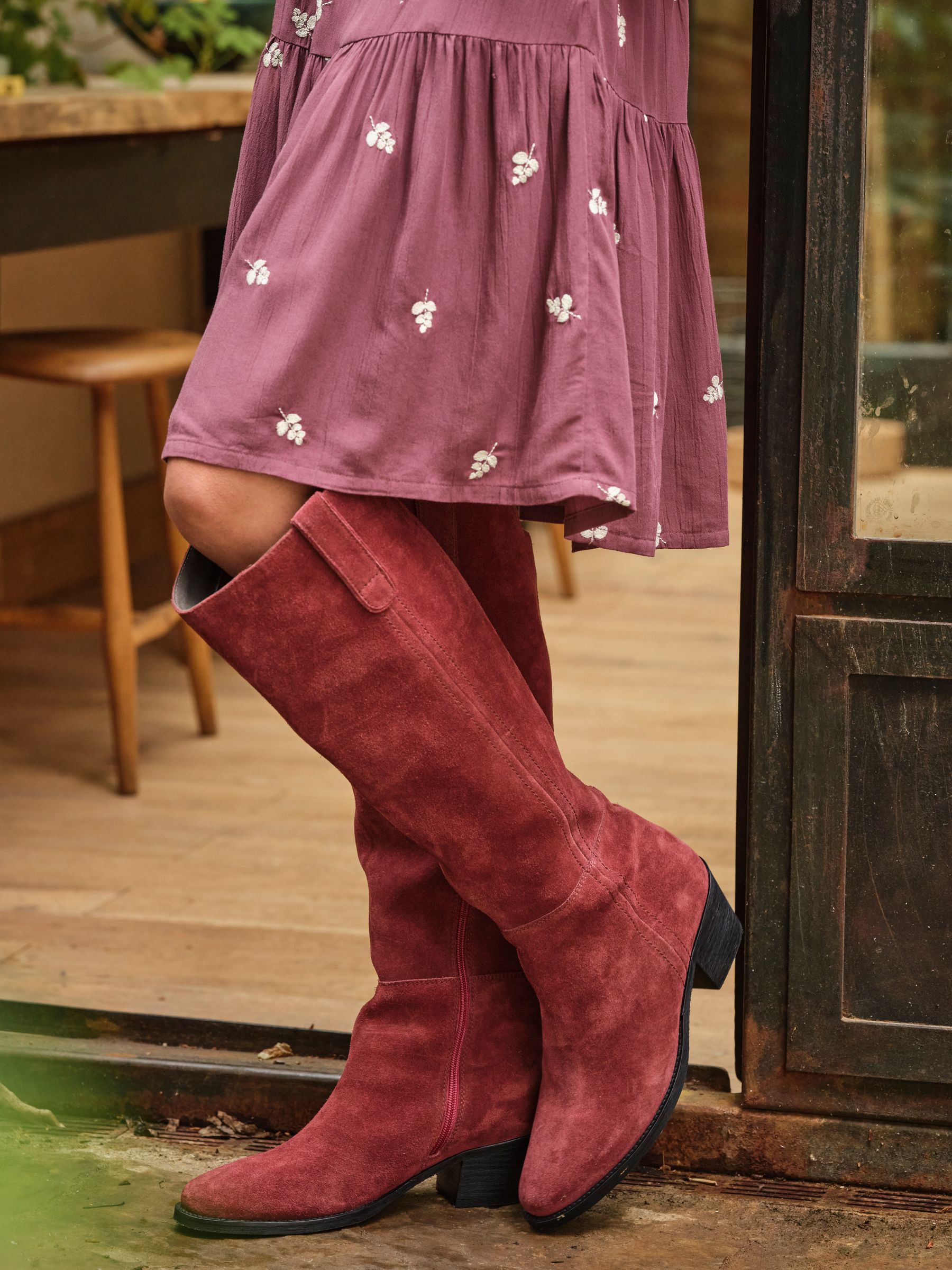 Red Suede Mid Heel Knee High Boot