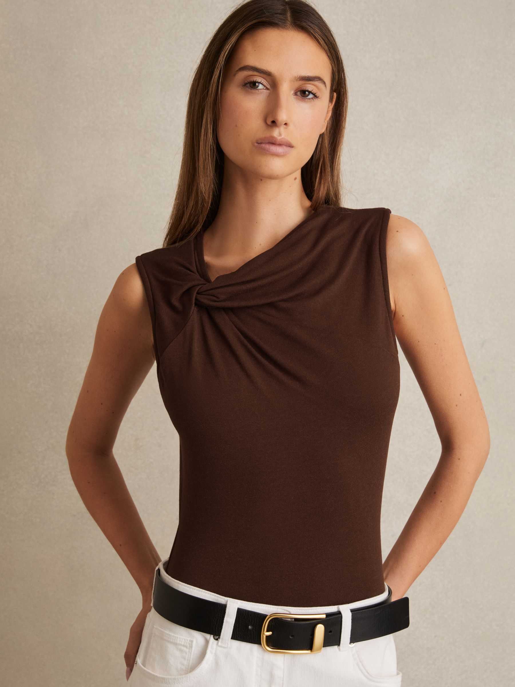 Knot Detail Jersey Bodysuit in Chocolate Brown - Image 1 of 6