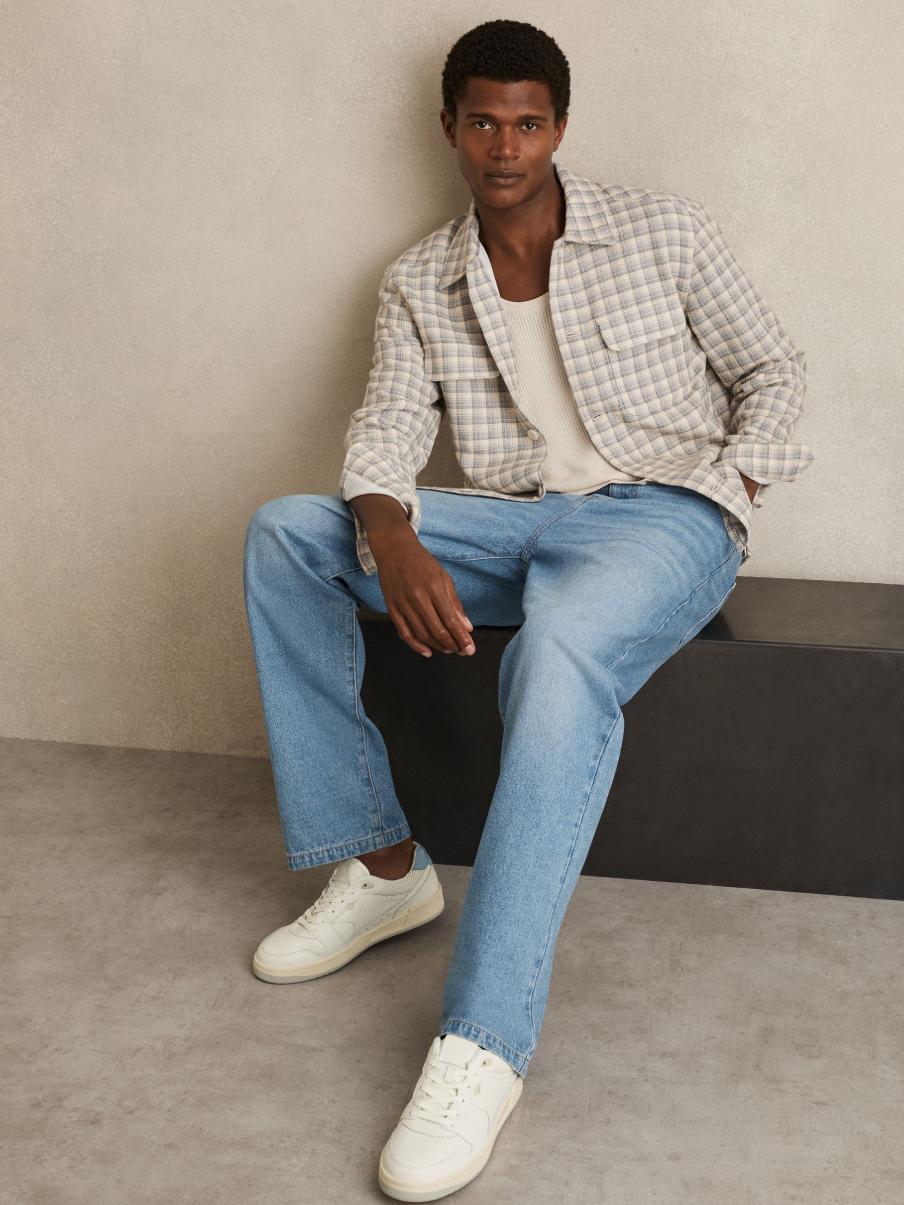 Leather Low Top Trainers in Off White/Soft Blue - Image 2 of 6