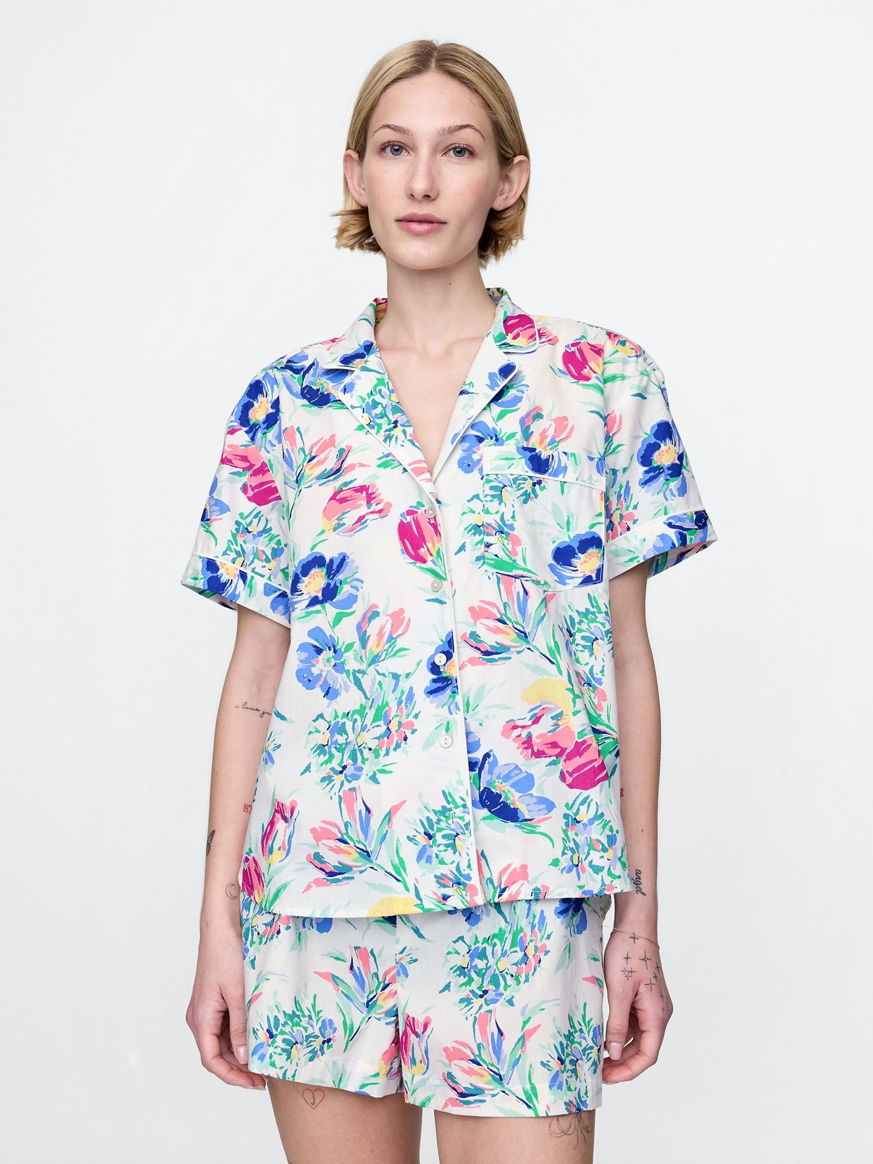 White/Blue Floral Short Sleeve Poplin Pyjama Shirt - Image 1 of 4