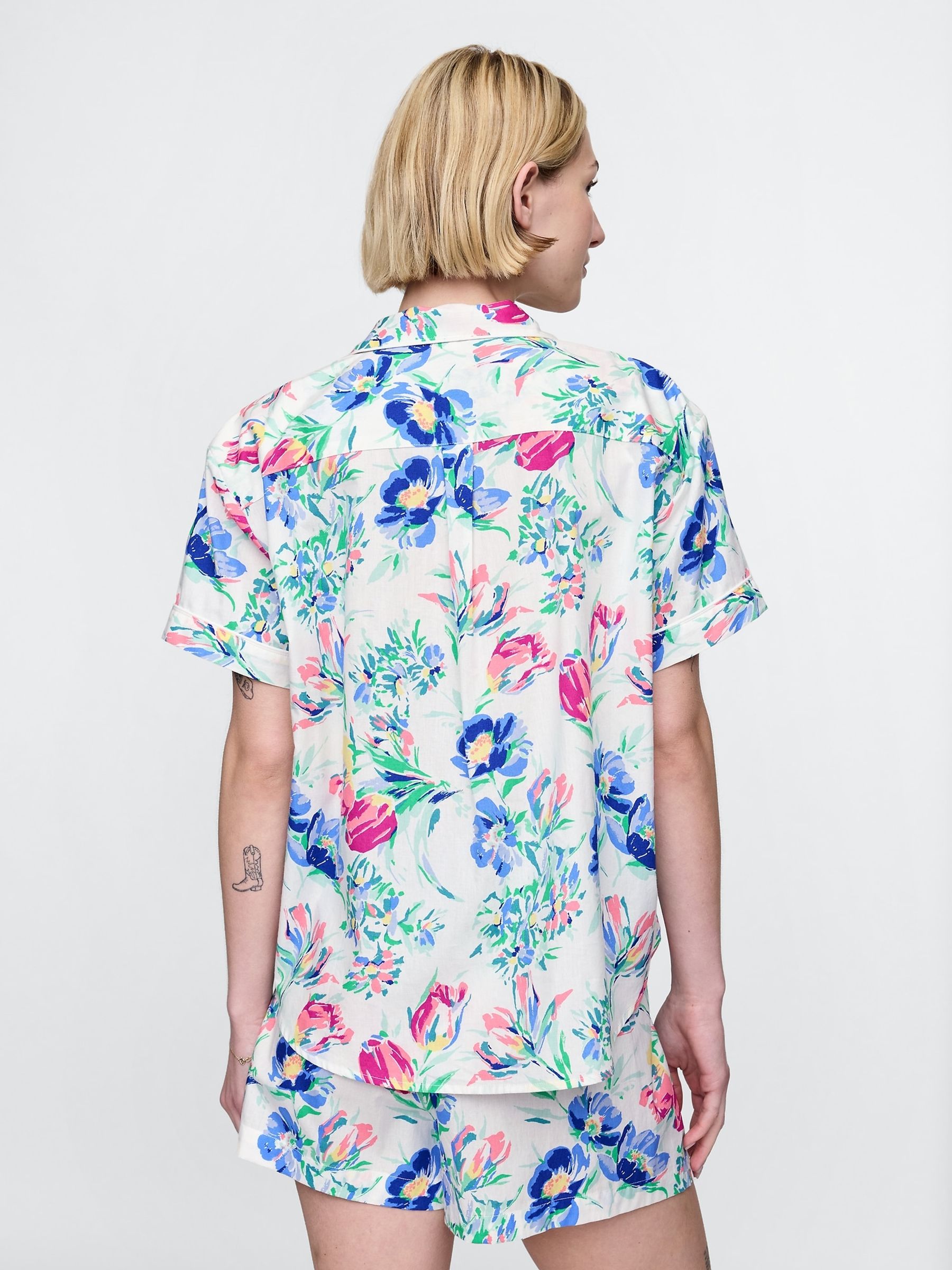 White/Blue Floral Short Sleeve Poplin Pyjama Shirt - Image 2 of 4