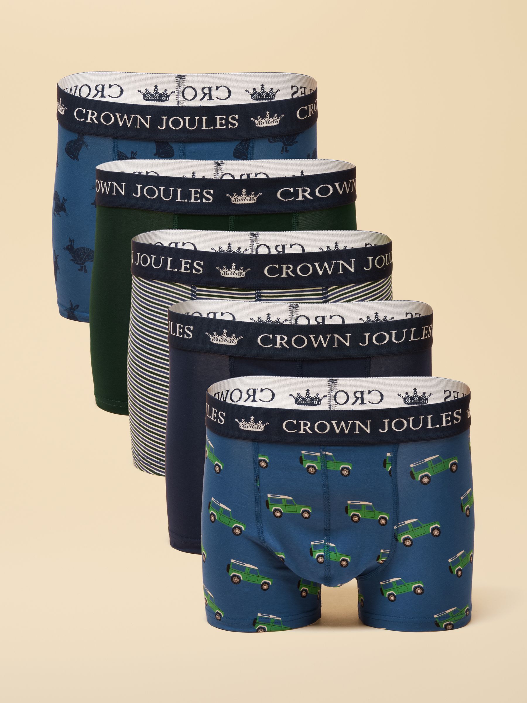 Crown Joules Blue & Green Cotton Jersey Boxer Shorts - 5 Pack - Image 1 of 6
