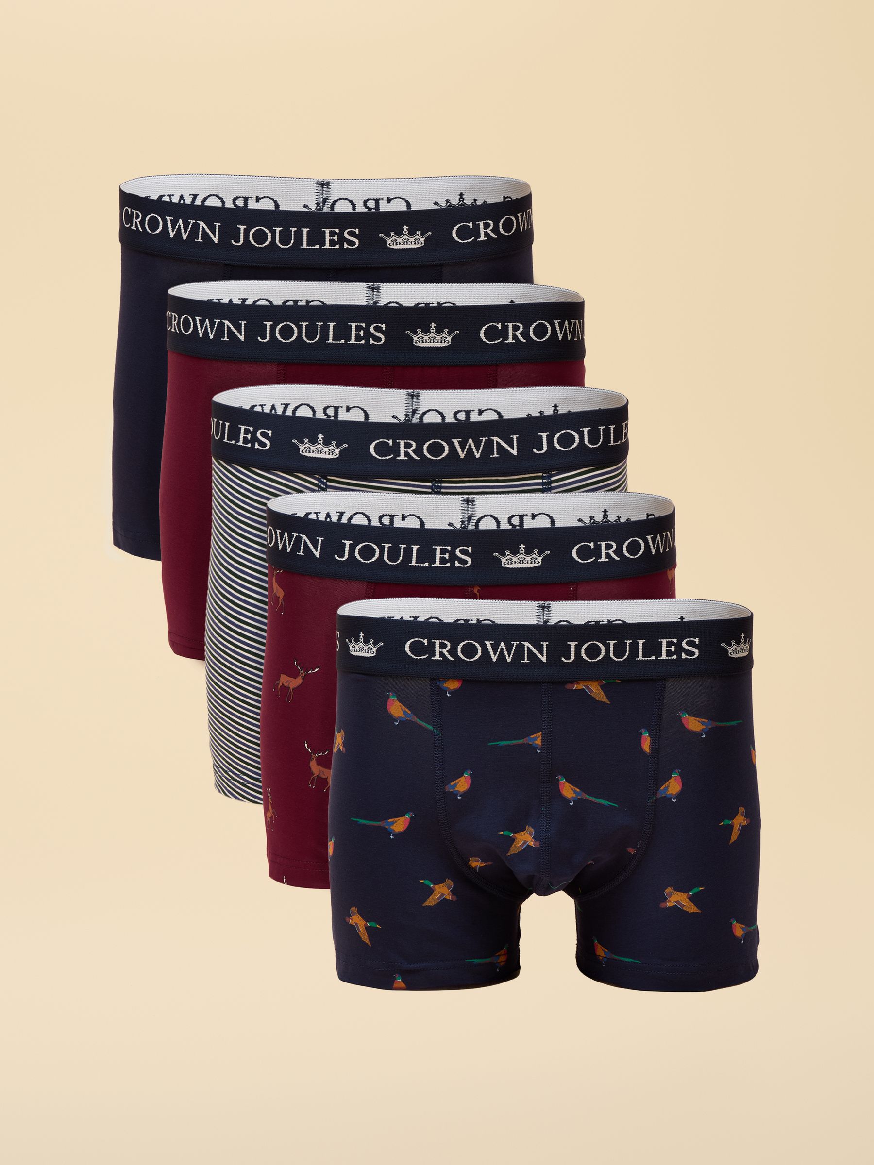 Crown Joules Navy & Burgundy Cotton Jersey Boxer Shorts - 5 Pack - Image 1 of 6 Crown Joules Navy & Burgundy Cotton Jersey Boxer Shorts - 5 Pack - Image 1 of 6