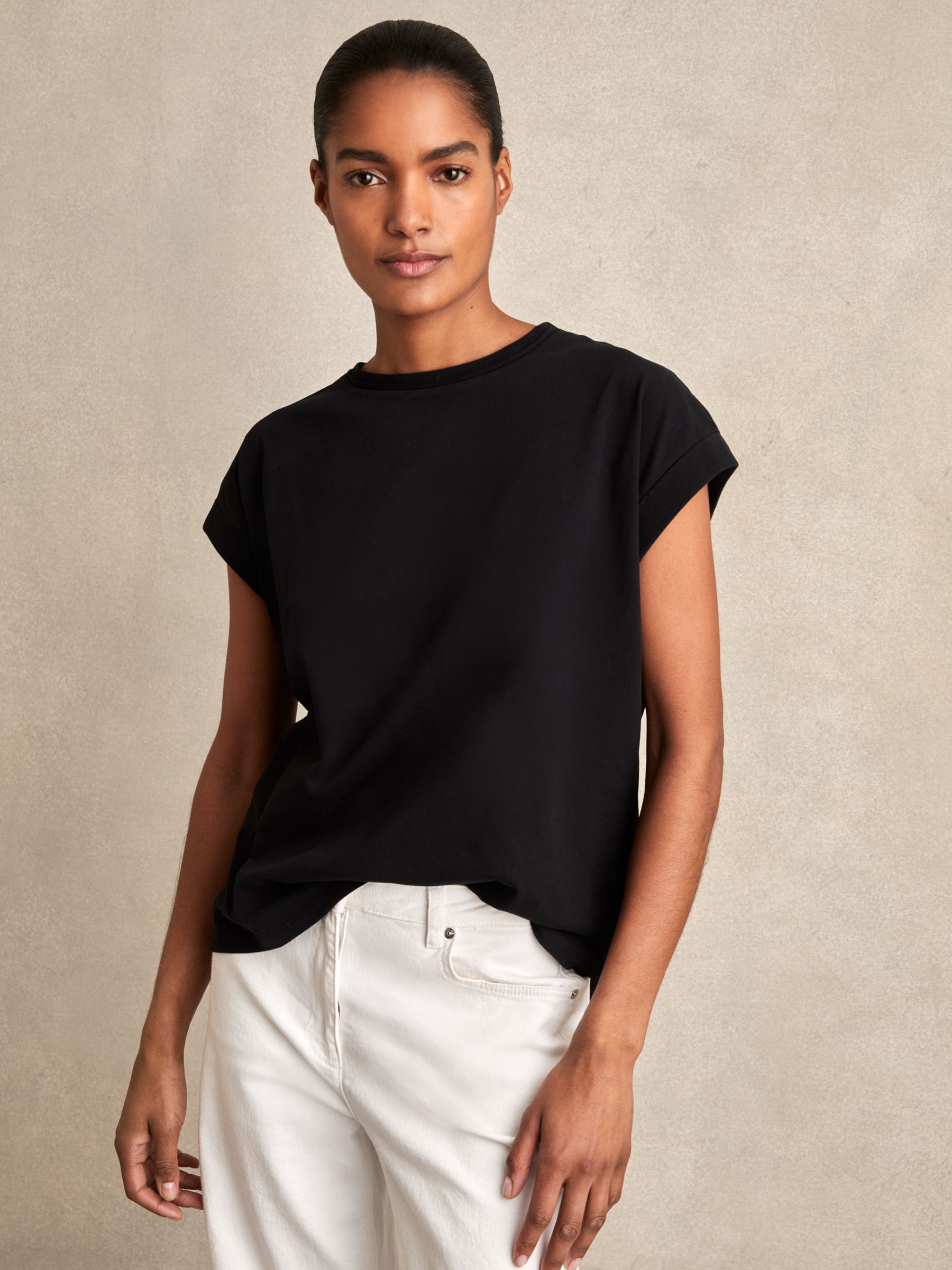 Brushed-Cotton Crew-Neck T-Shirt in Black - Image 1 of 6 Brushed-Cotton Crew-Neck T-Shirt in Black - Image 1 of 6