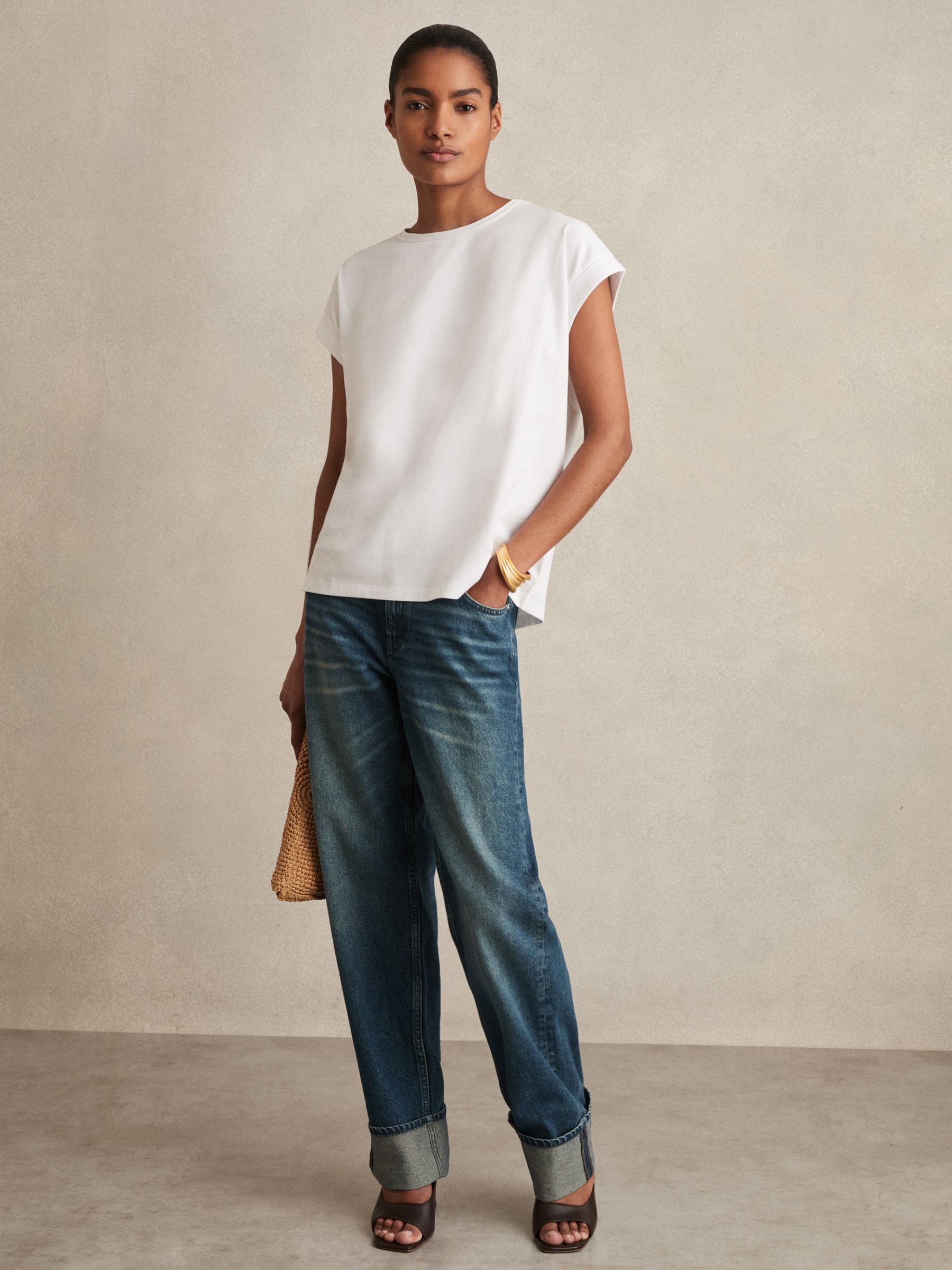 Brushed-Cotton Crew-Neck T-Shirt in White - Image 1 of 6 Brushed-Cotton Crew-Neck T-Shirt in White - Image 1 of 6