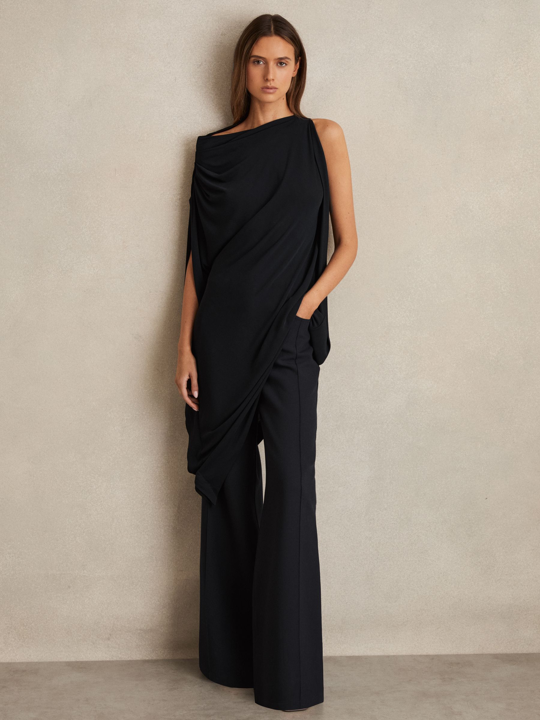 Asymmetric Draped Jersey Dress in Navy/Black - Image 4 of 6