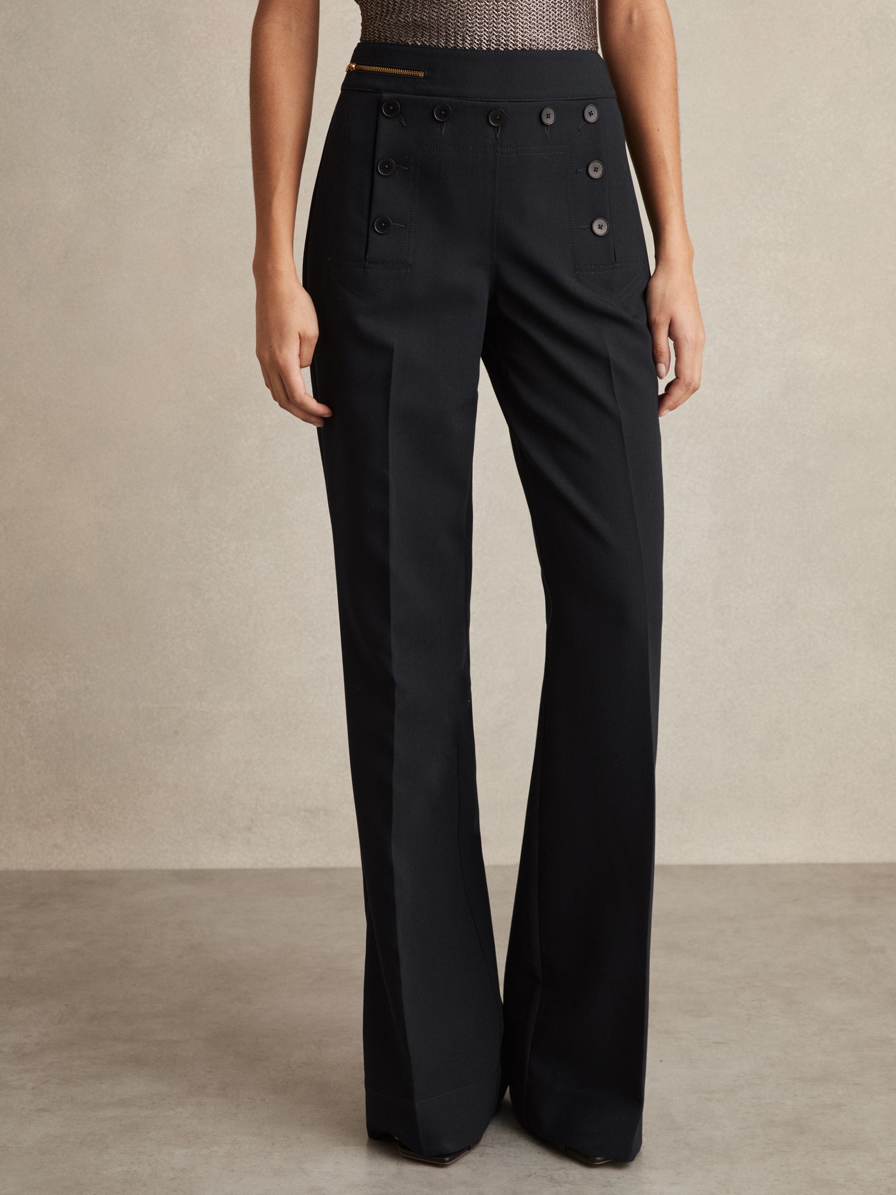 Petite Button-Detail Wide-Leg Trousers in Navy - Image 3 of 7