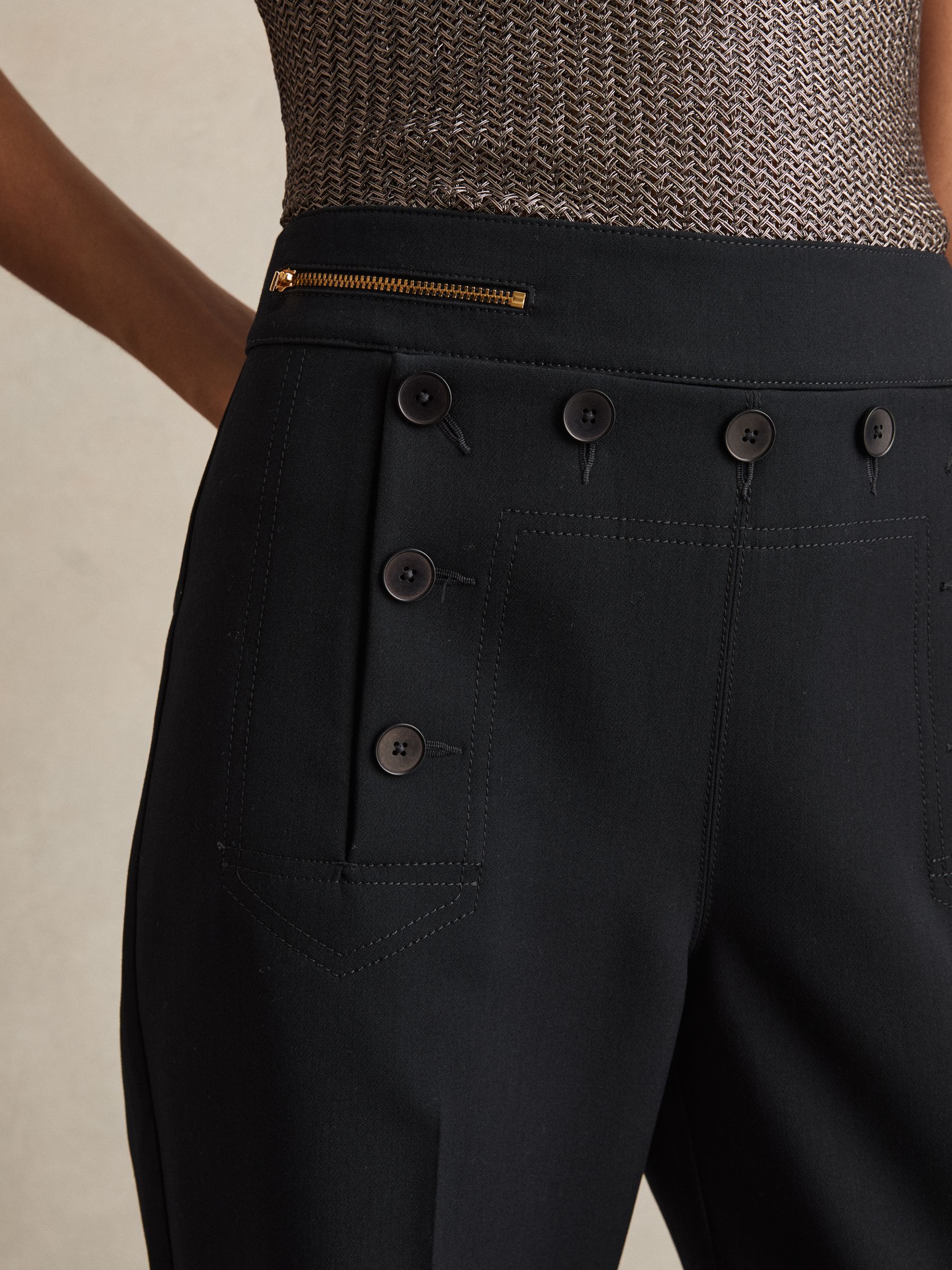 Petite Button-Detail Wide-Leg Trousers in Navy - Image 4 of 7