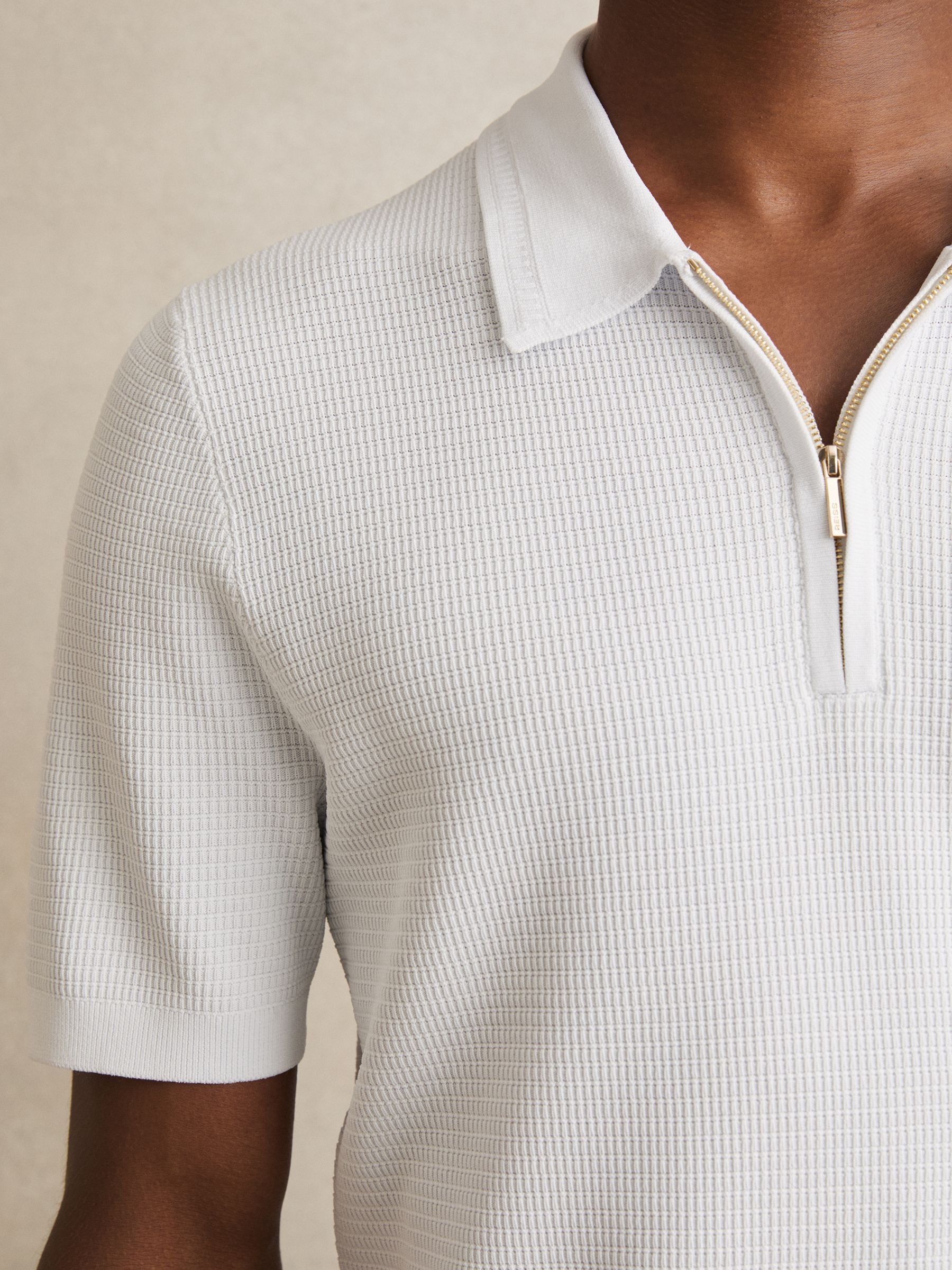 Textured Half-Zip Polo Shirt in White - Image 3 of 5