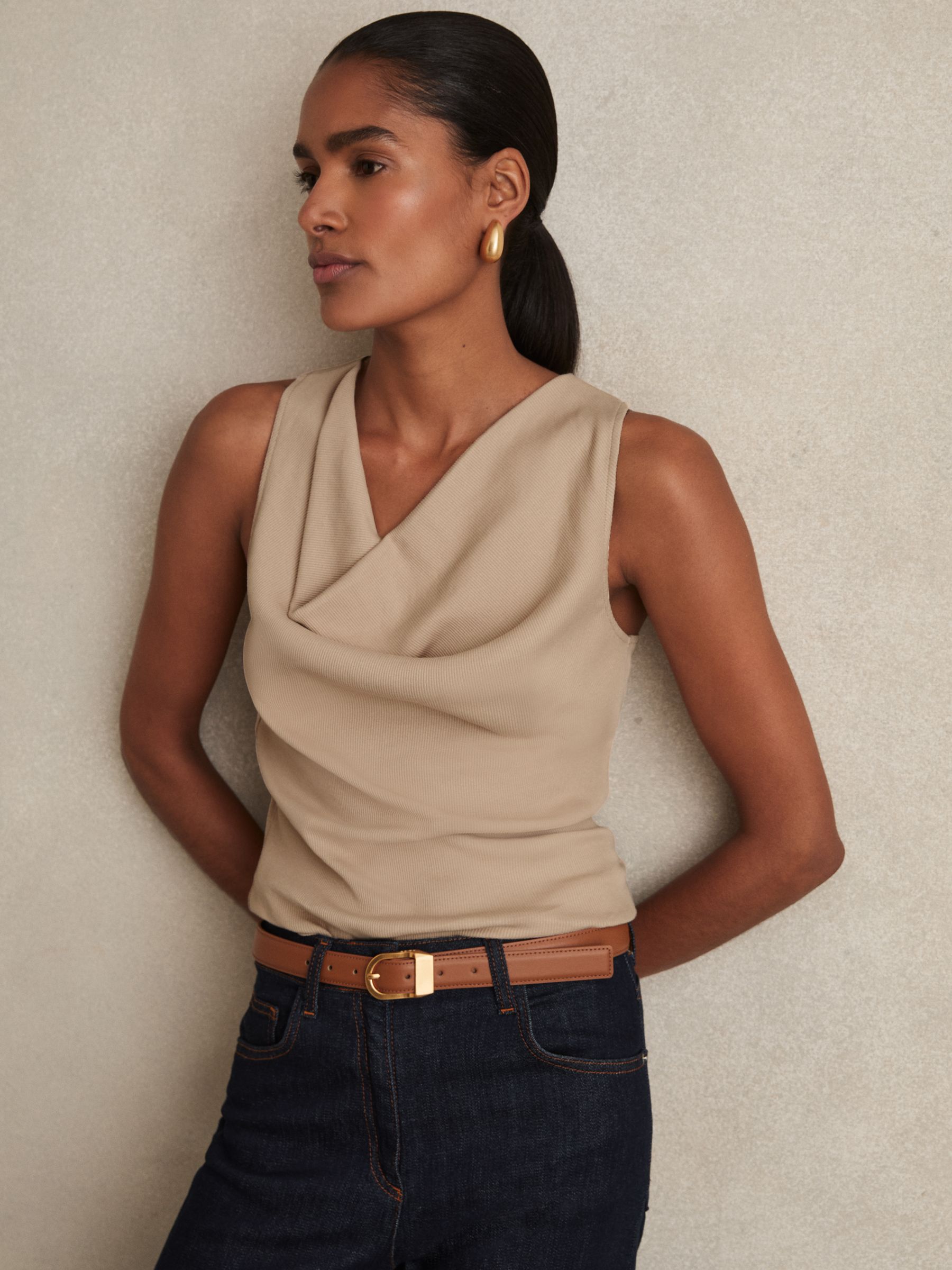 Ribbed Cowl-Neck Vest in Camel - Image 1 of 6