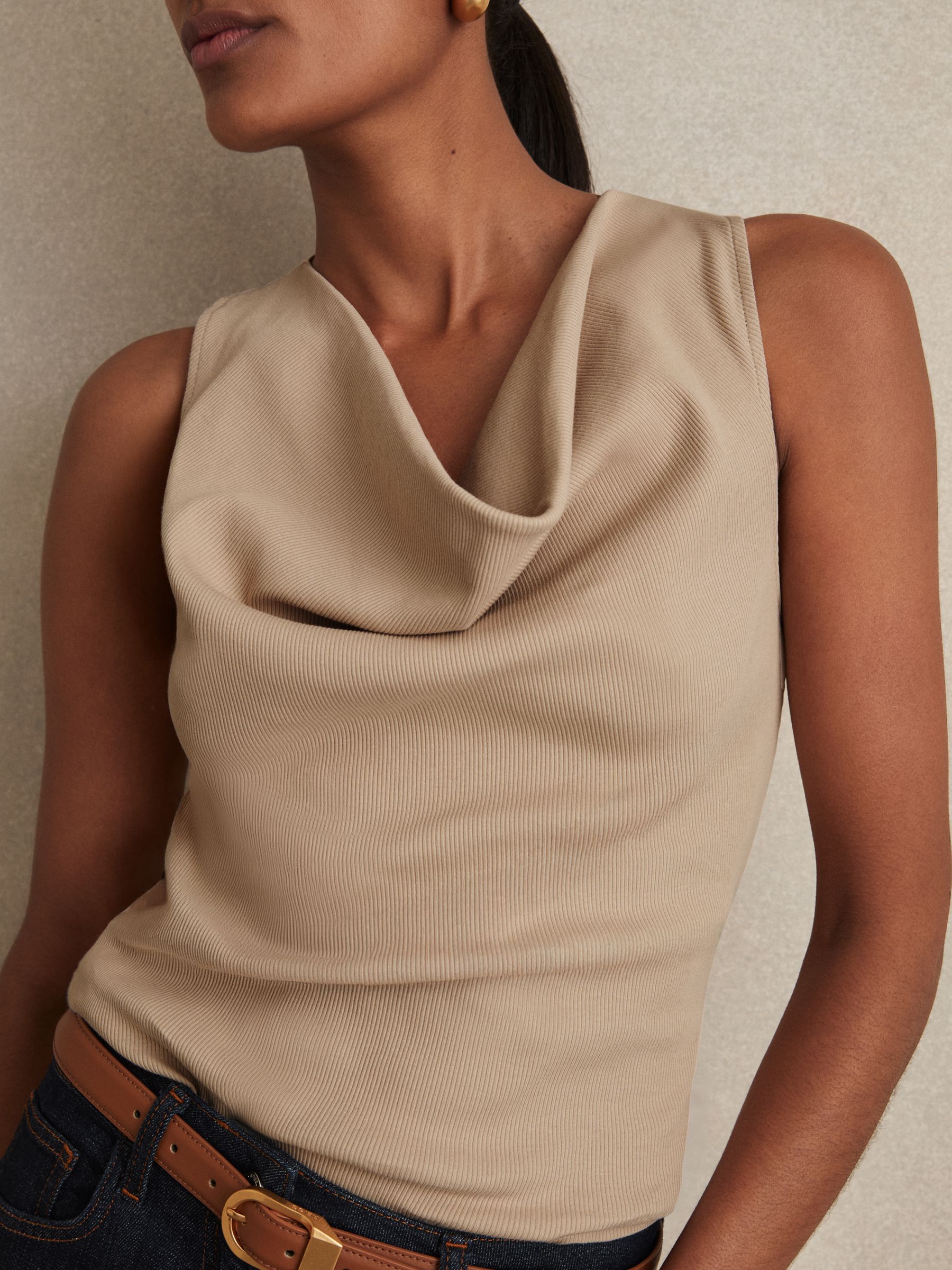 Reiss Ribbed Cowl-Neck Vest in Camel | REISS